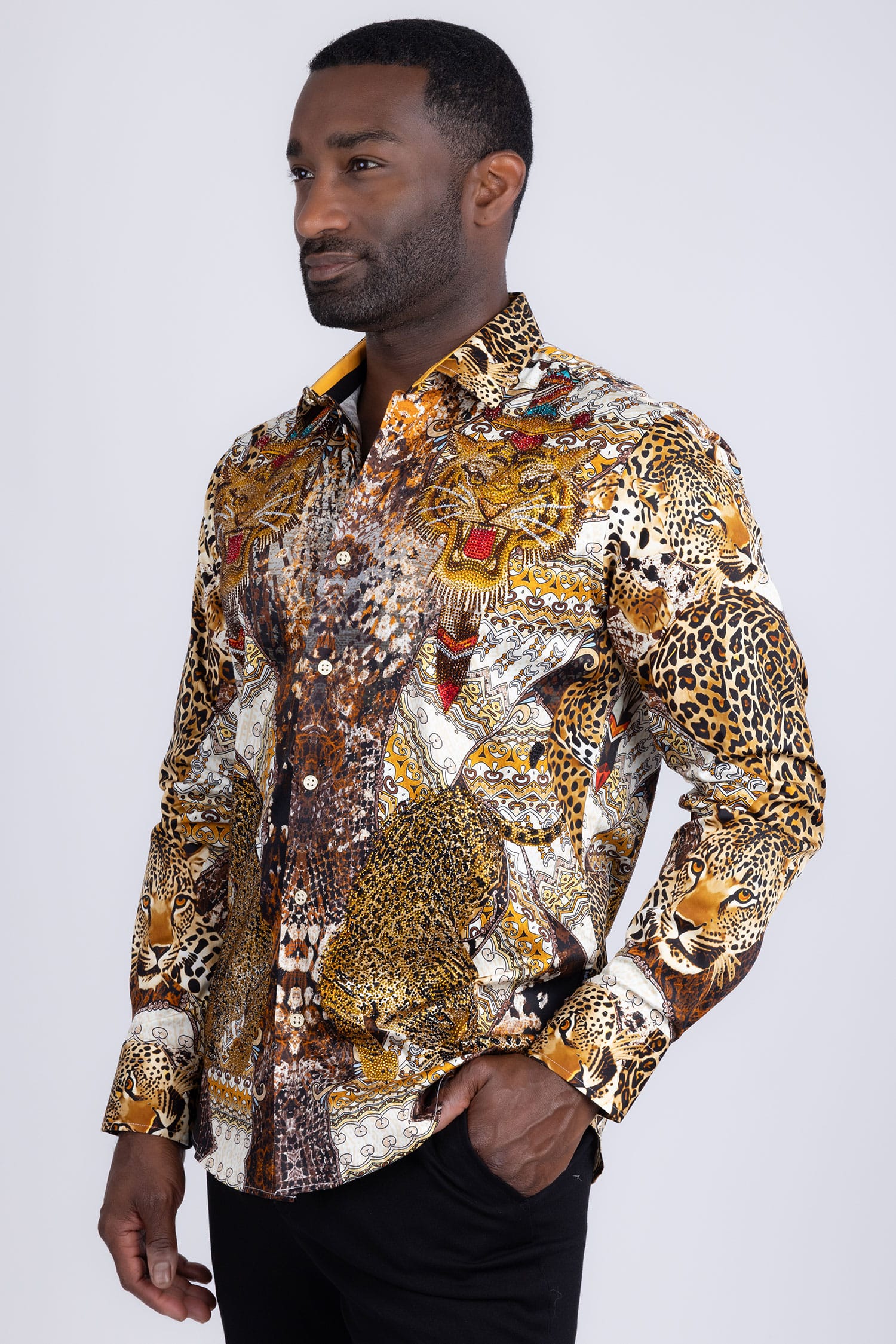 Barabas Men's Rhinestones Tiger Cheetah Textured Long Sleeve Shirts 5SPR01 Brown