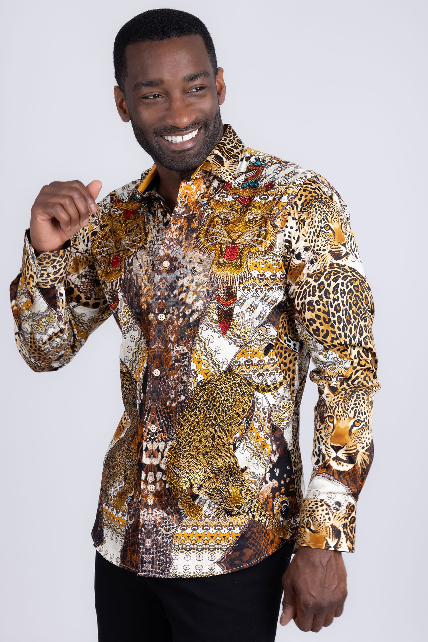 Barabas Men's Rhinestones Tiger Cheetah Textured Long Sleeve Shirts 5SPR01 Brown