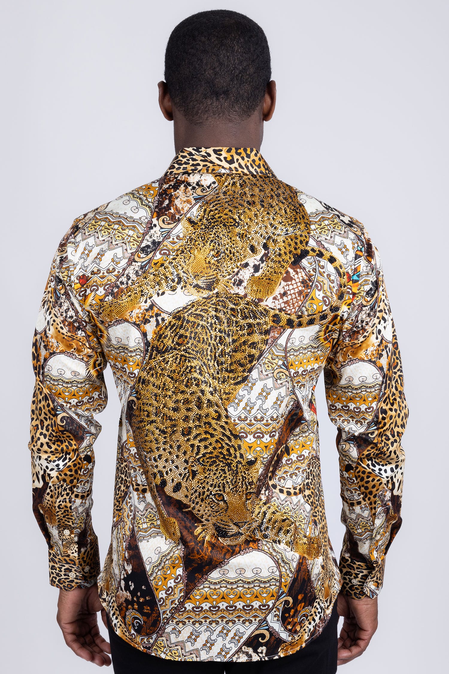 Barabas Men's Rhinestones Tiger Cheetah Textured Long Sleeve Shirts 5SPR01 Brown