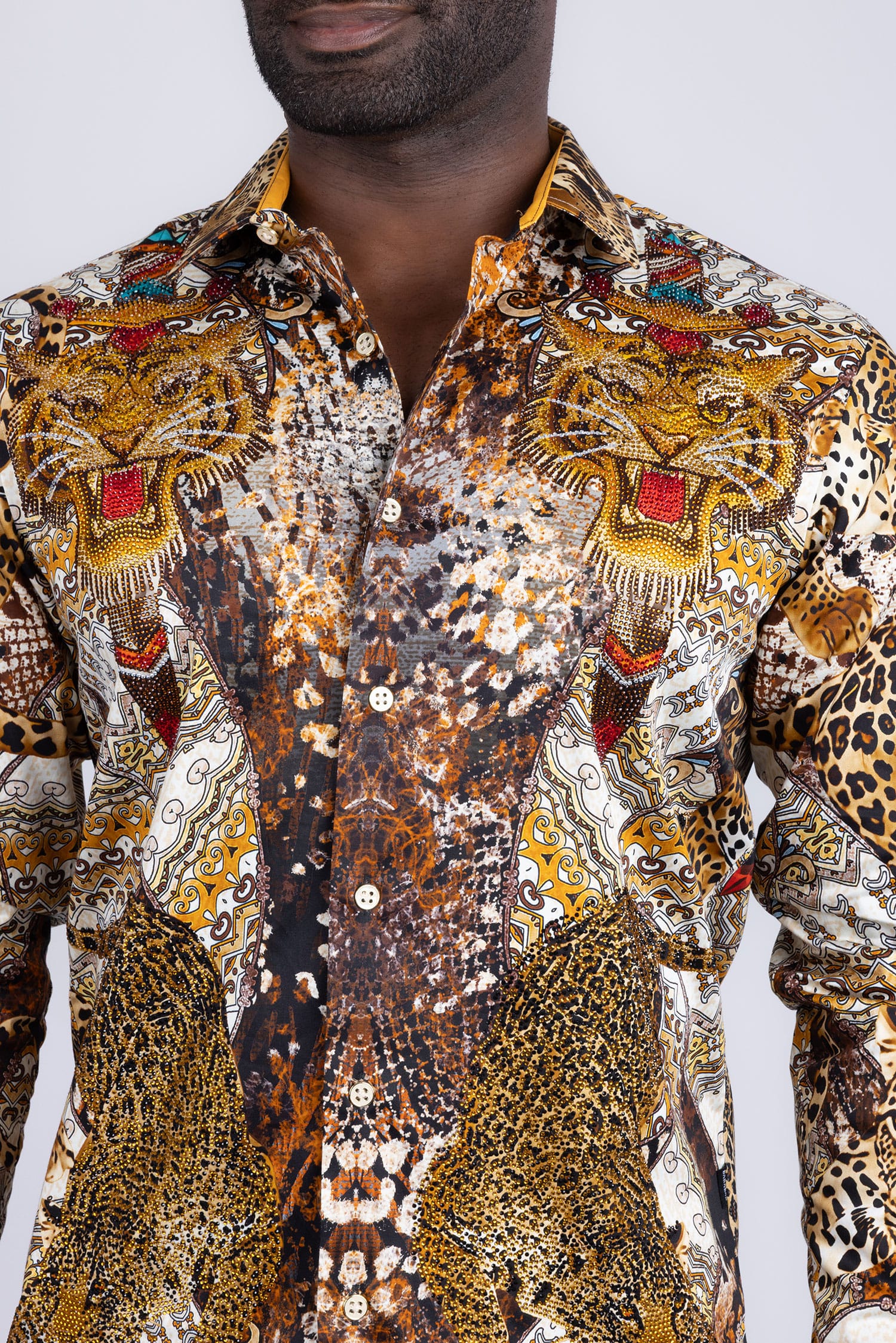 Barabas Men's Rhinestones Tiger Cheetah Textured Long Sleeve Shirts 5SPR01 Yellow