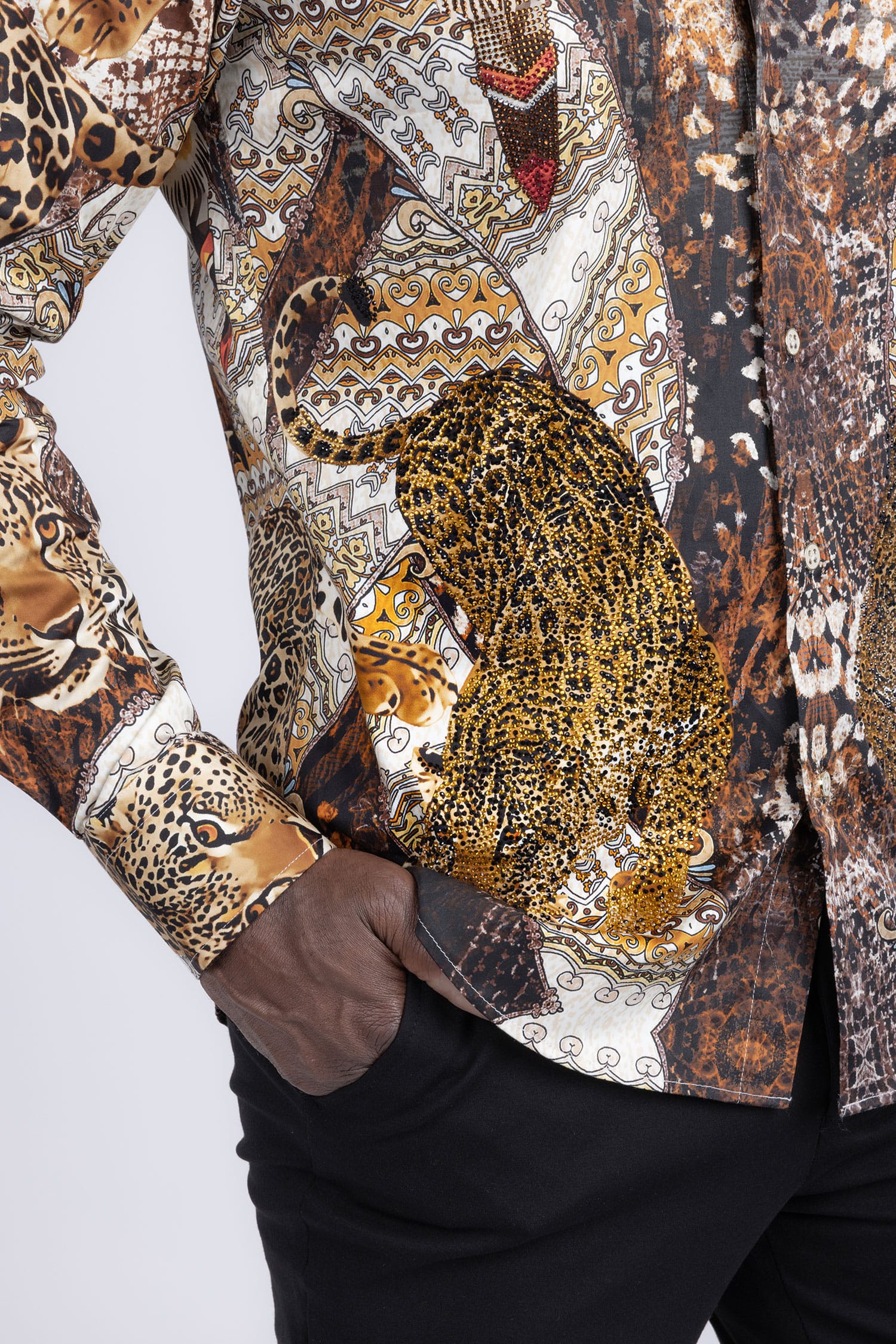 Barabas Men's Rhinestones Tiger Cheetah Textured Long Sleeve Shirts 5SPR01 Brown