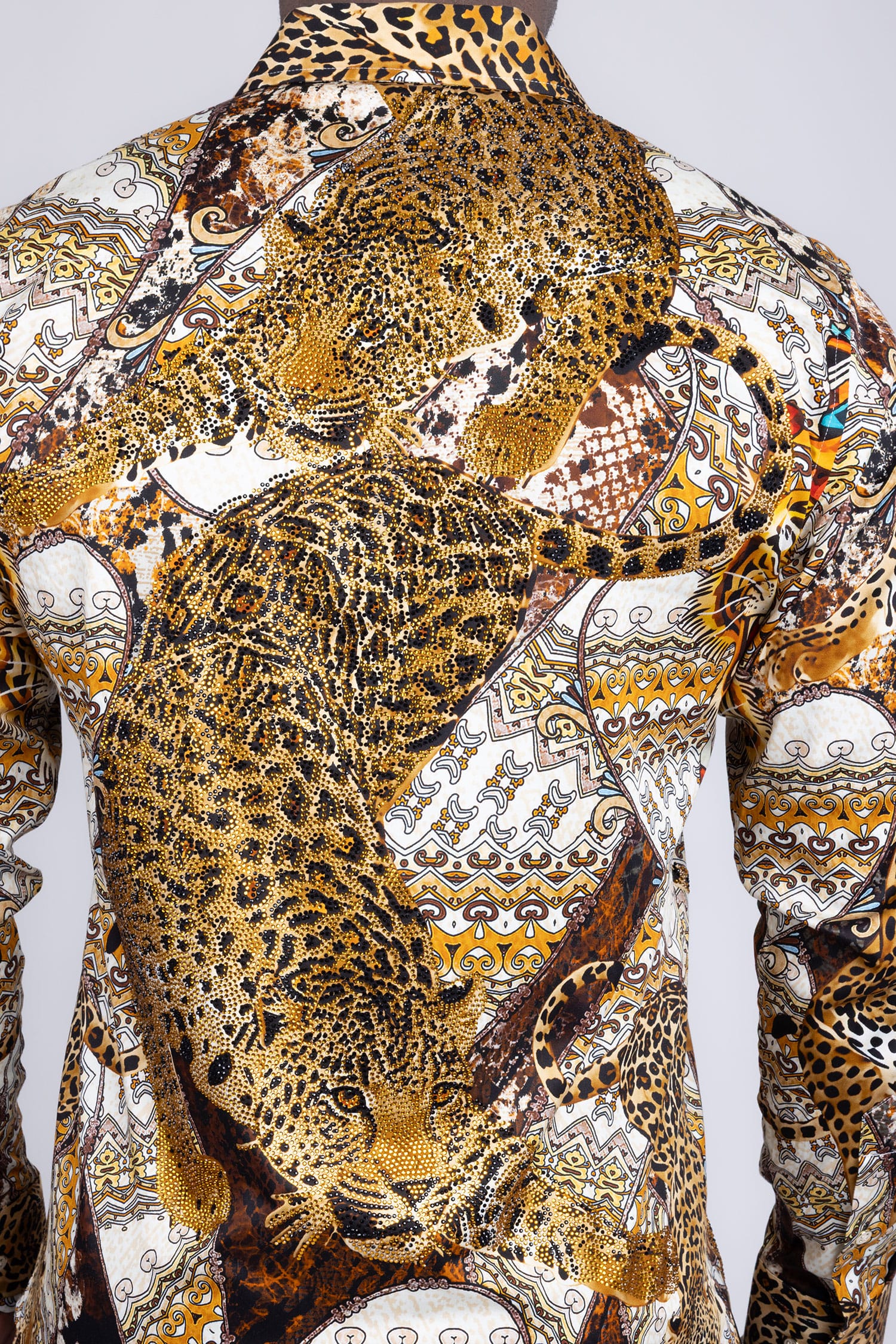Barabas Men's Rhinestones Tiger Cheetah Textured Long Sleeve Shirts 5SPR01 Brown