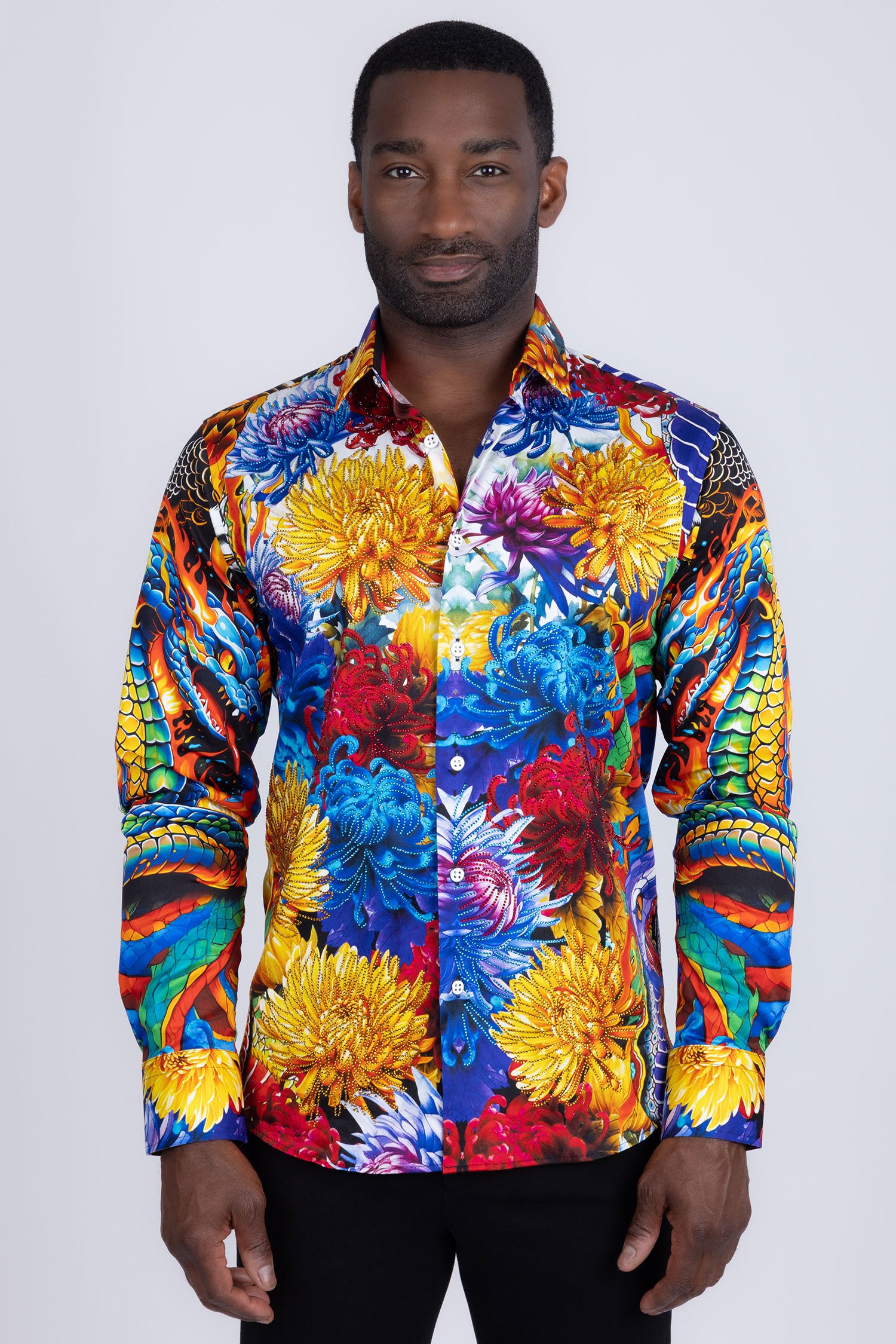 Barabas Men's Rhinestones Floral Snake Long Sleeve Shirts 5SPR03 Green