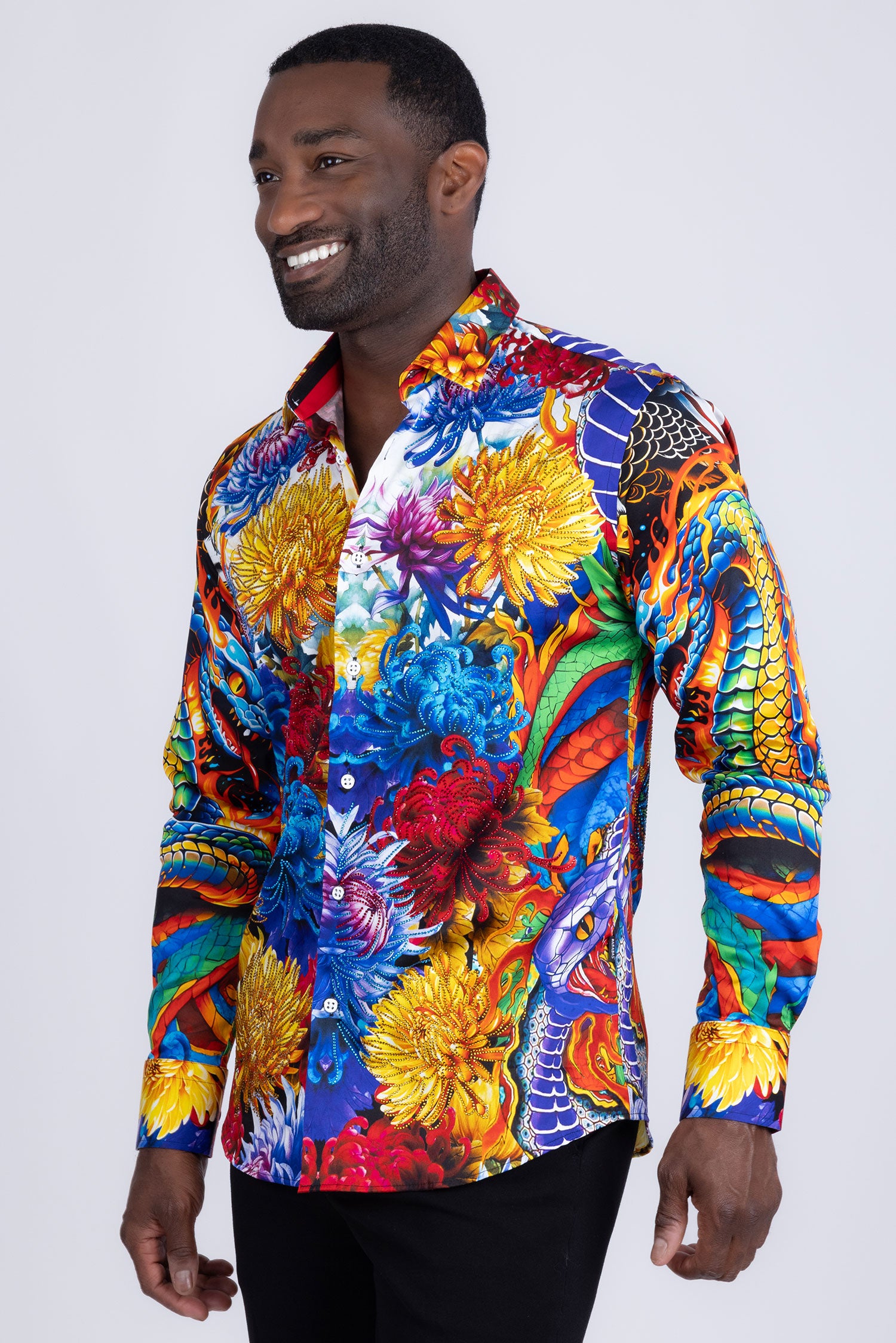 Barabas Men's Rhinestones Floral Snake Long Sleeve Shirts 5SPR03 Blue