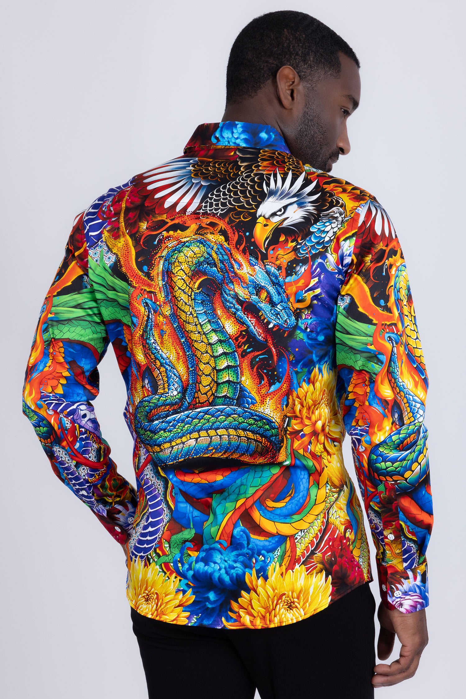 Barabas Men's Rhinestones Floral Snake Long Sleeve Shirts 5SPR03 Silver