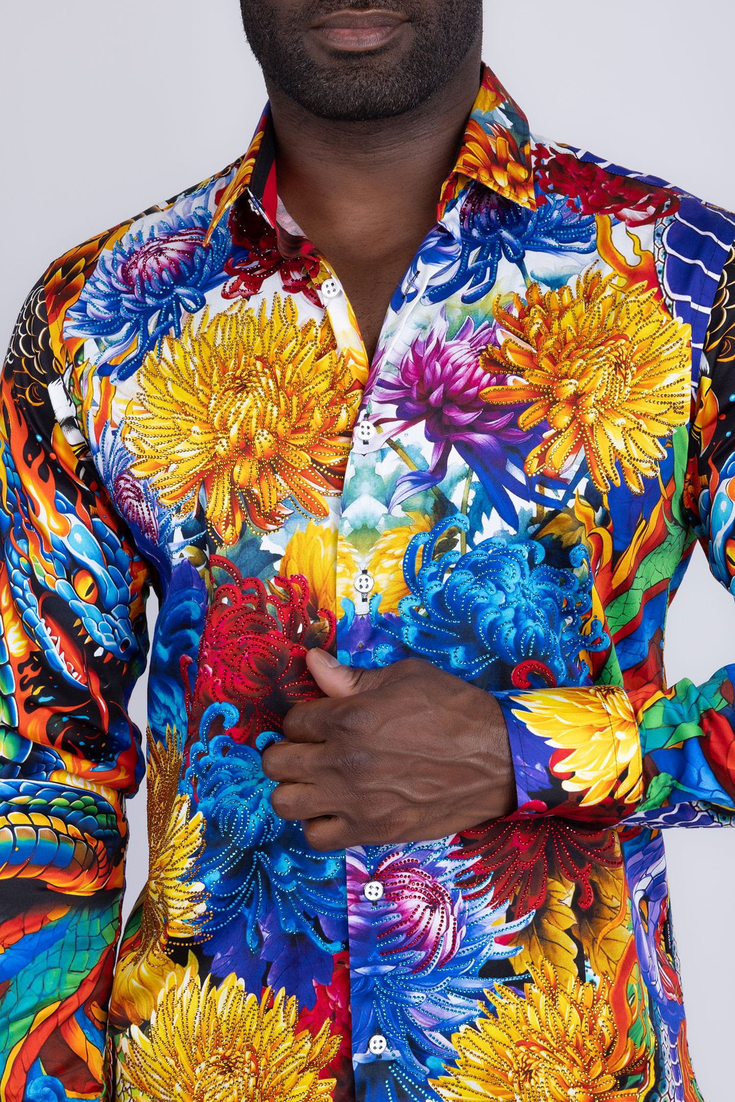 Barabas Men's Rhinestones Floral Snake Long Sleeve Shirts 5SPR03 Black