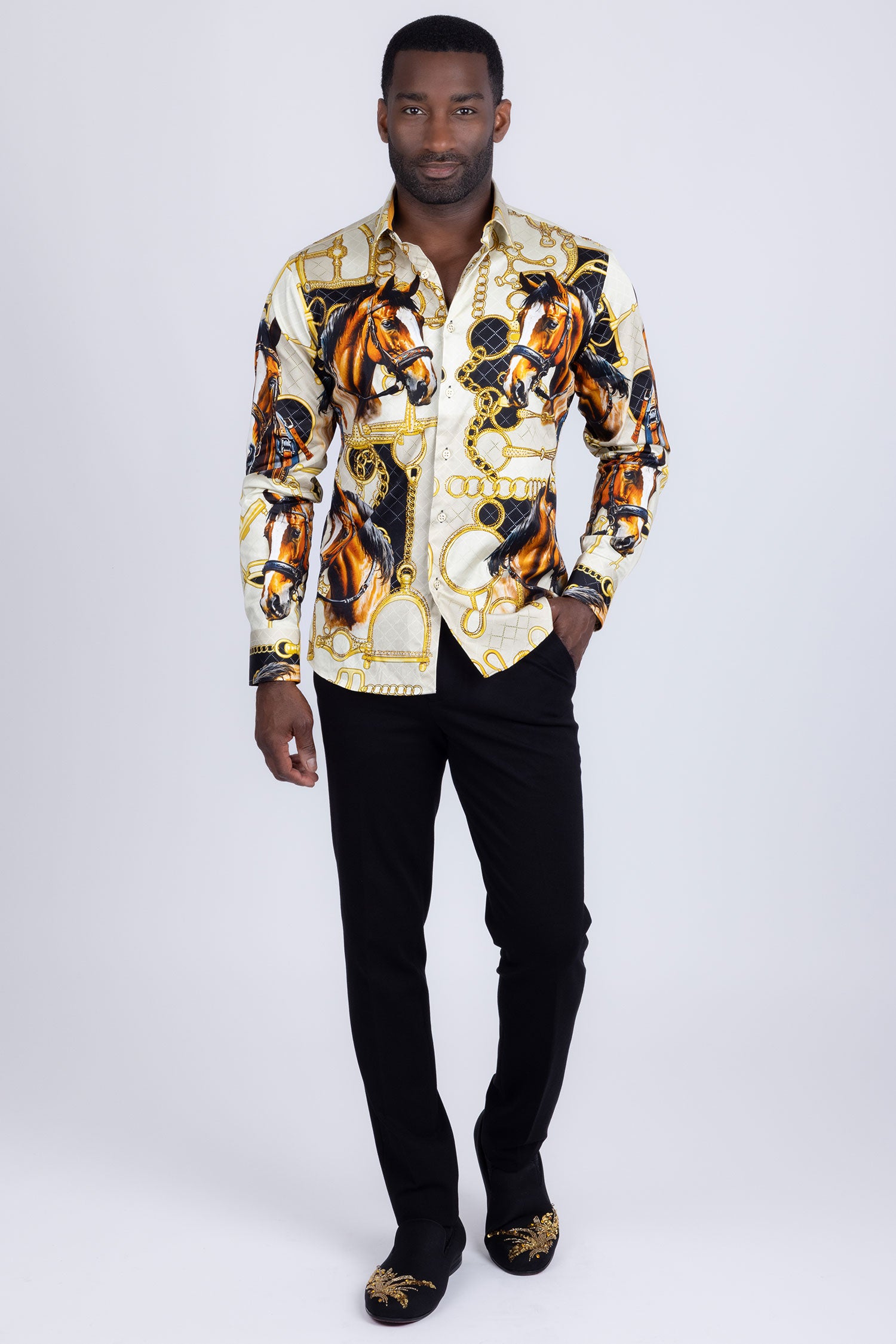 Barabas Men's Rhinestones Horse Pattern Long Sleeve Shirts 5SPR04 Sand