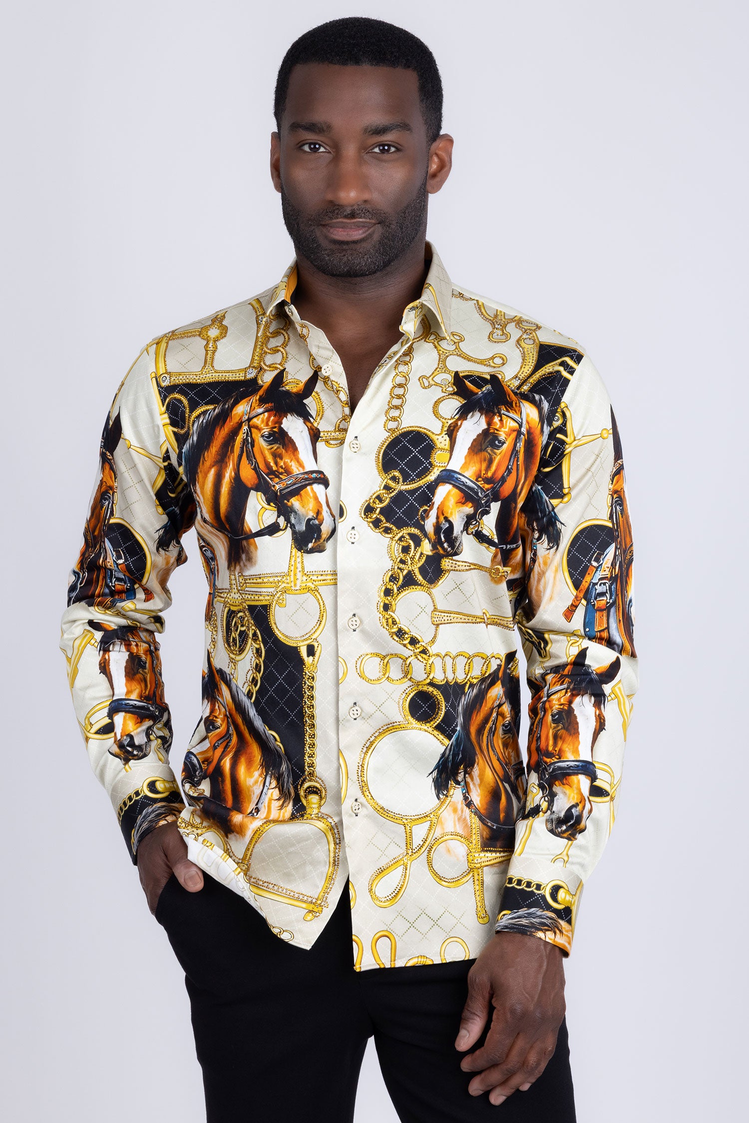 Barabas Men's Rhinestones Horse Pattern Long Sleeve Shirts 5SPR04 Yellow