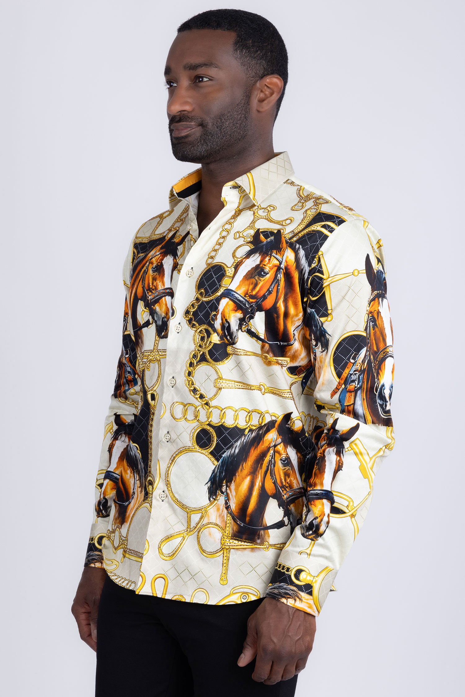 Barabas Men's Rhinestones Horse Pattern Long Sleeve Shirts 5SPR04 Mustard