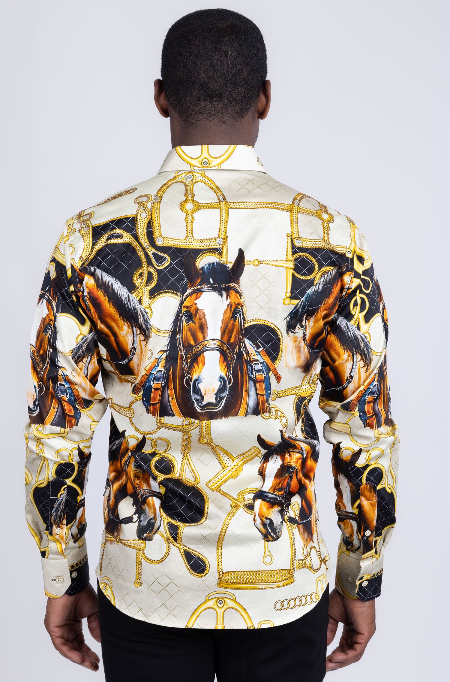 Barabas Men's Rhinestones Horse Pattern Long Sleeve Shirts 5SPR04 Yellow