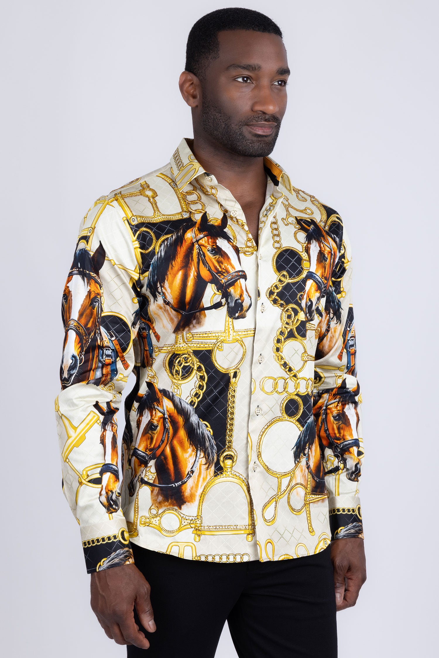 Barabas Men's Rhinestones Horse Pattern Long Sleeve Shirts 5SPR04 Beige