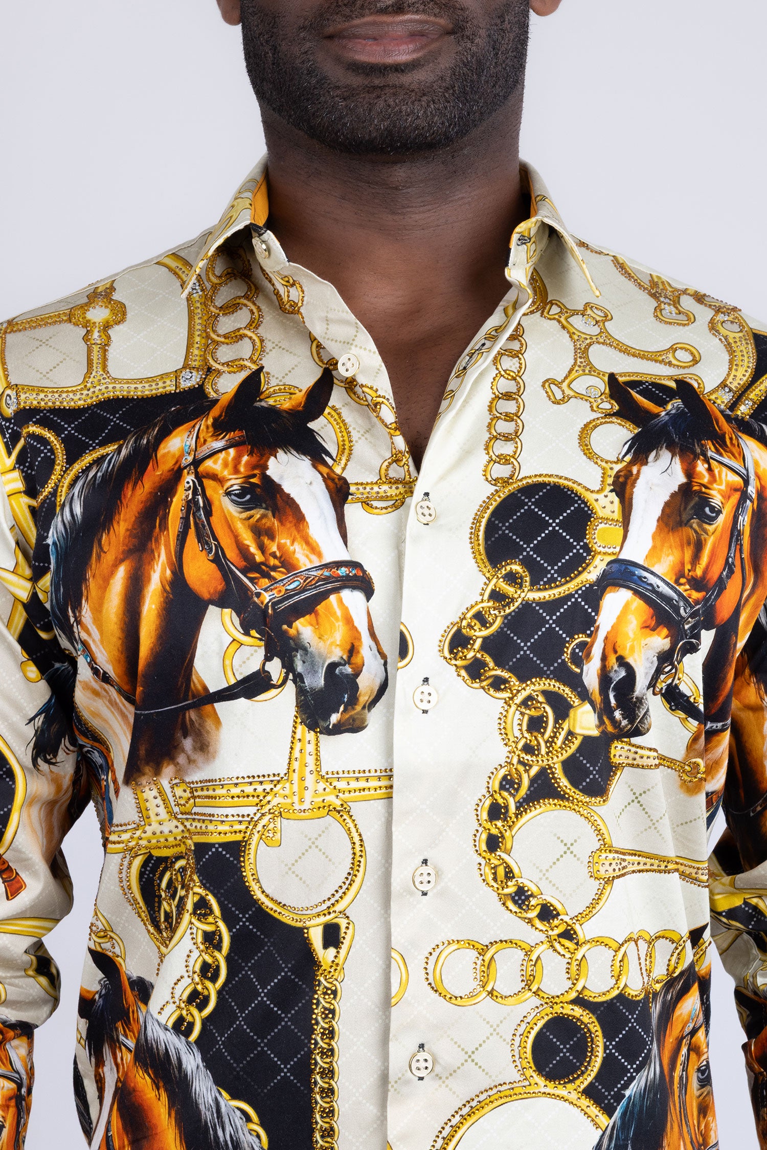Barabas Men's Rhinestones Horse Pattern Long Sleeve Shirts 5SPR04 Yellow