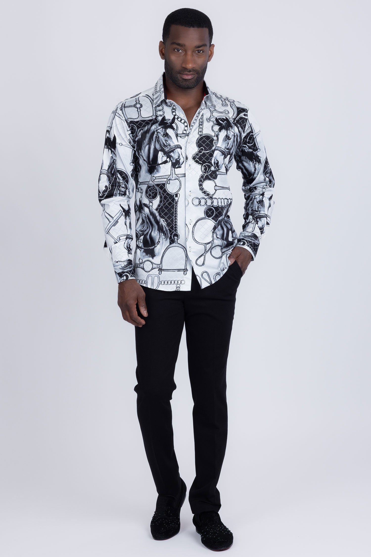 Barabas Men's Rhinestones Horse Pattern Long Sleeve Shirts 5SPR04 White