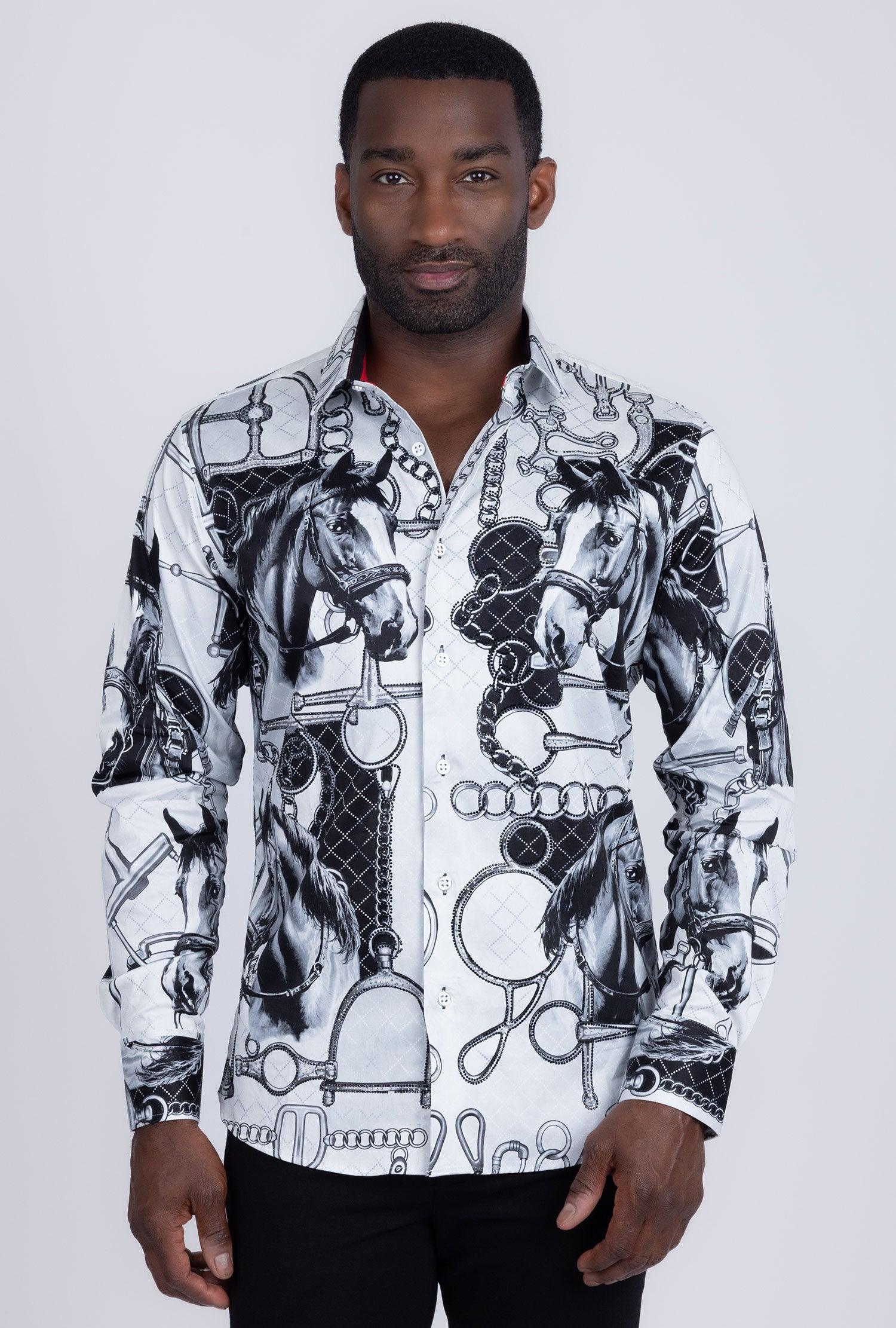 Barabas Men's Rhinestones Horse Pattern Long Sleeve Shirts 5SPR04 Black