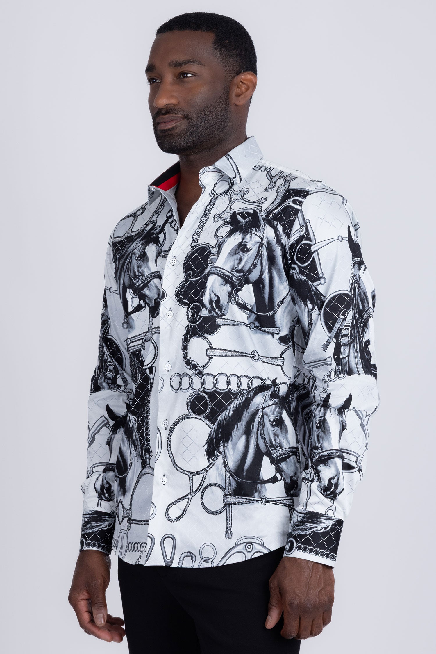 Barabas Men's Rhinestones Horse Pattern Long Sleeve Shirts 5SPR04 Black