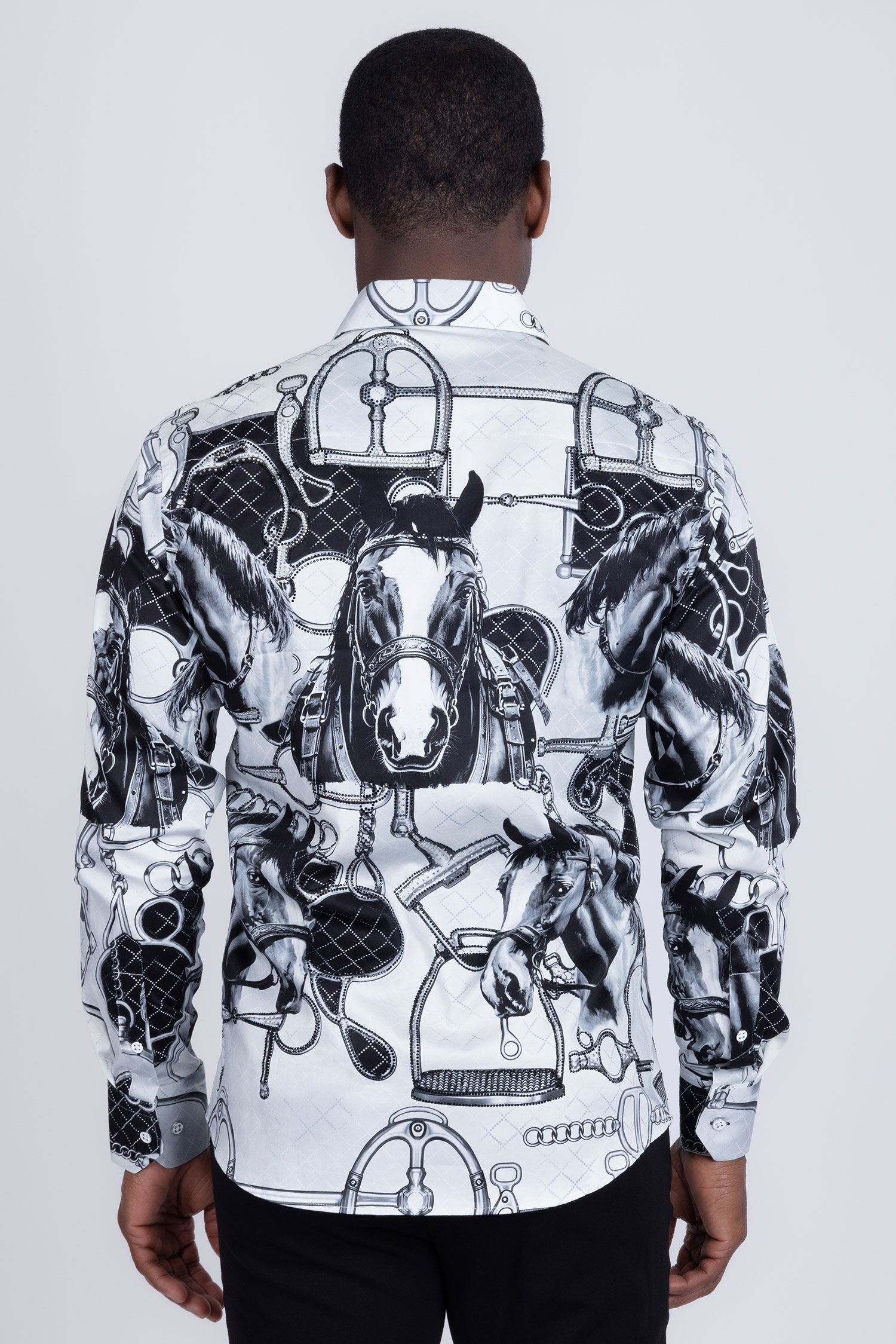 Barabas Men's Rhinestones Horse Pattern Long Sleeve Shirts 5SPR04 Silver