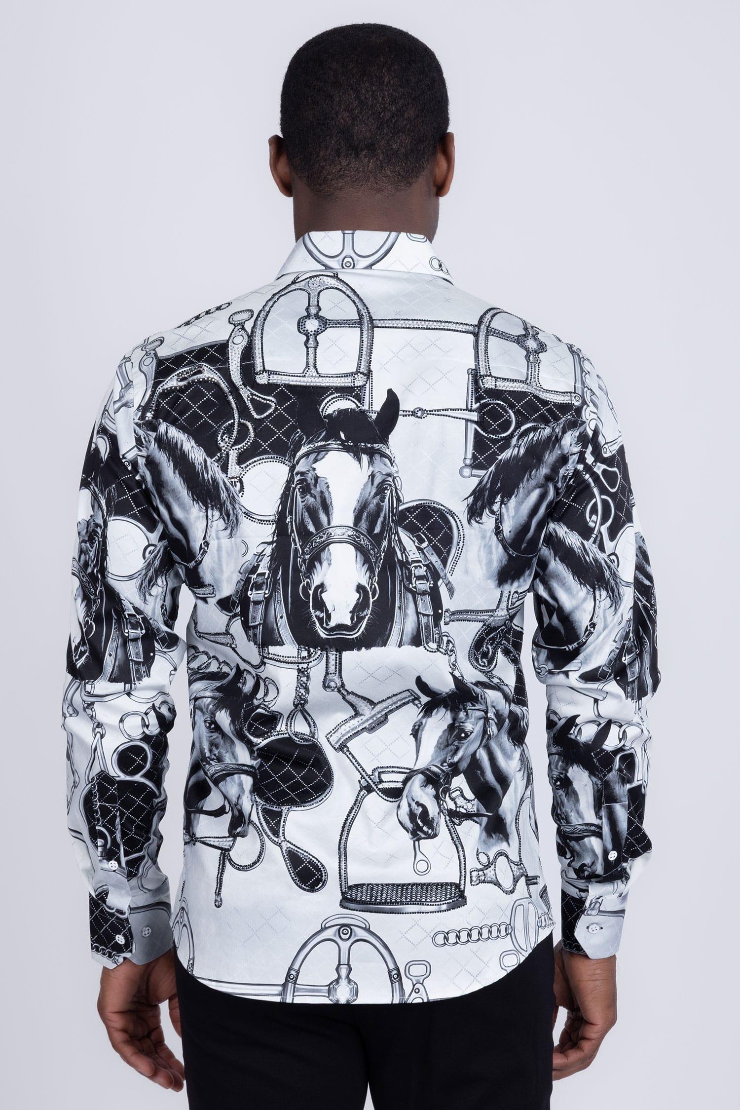 Barabas Men's Rhinestones Horse Pattern Long Sleeve Shirts 5SPR04 Silver