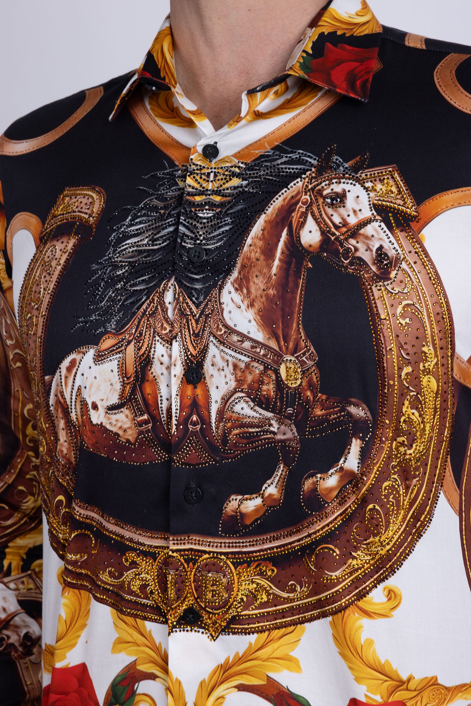 Barabas Men's Stallion Rhinestones Stretch Long Sleeve Shirts 5SPR05 Brown