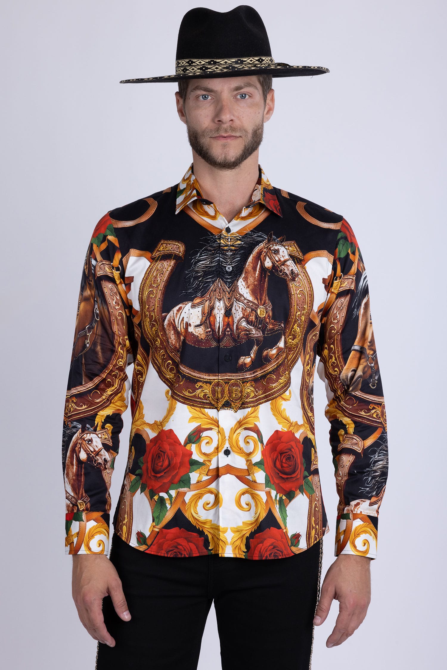 Barabas Men's Stallion Rhinestones Stretch Long Sleeve Shirts 5SPR05 Multicolor