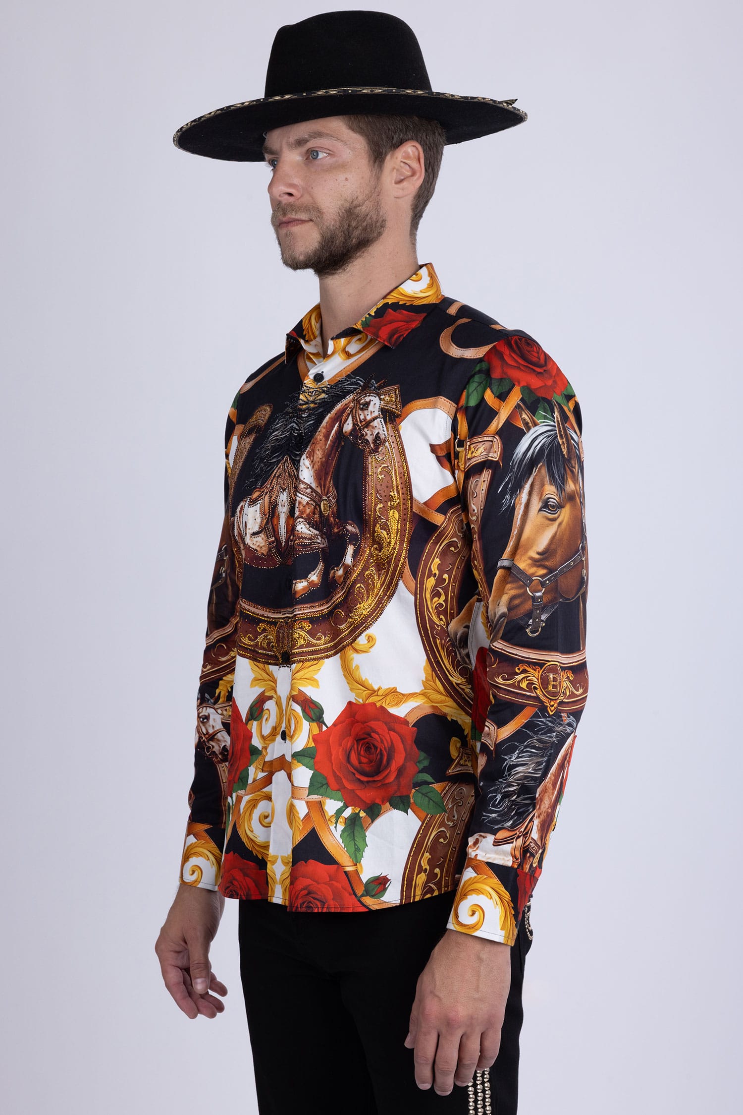 Barabas Men's Stallion Rhinestones Stretch Long Sleeve Shirts 5SPR05 Red