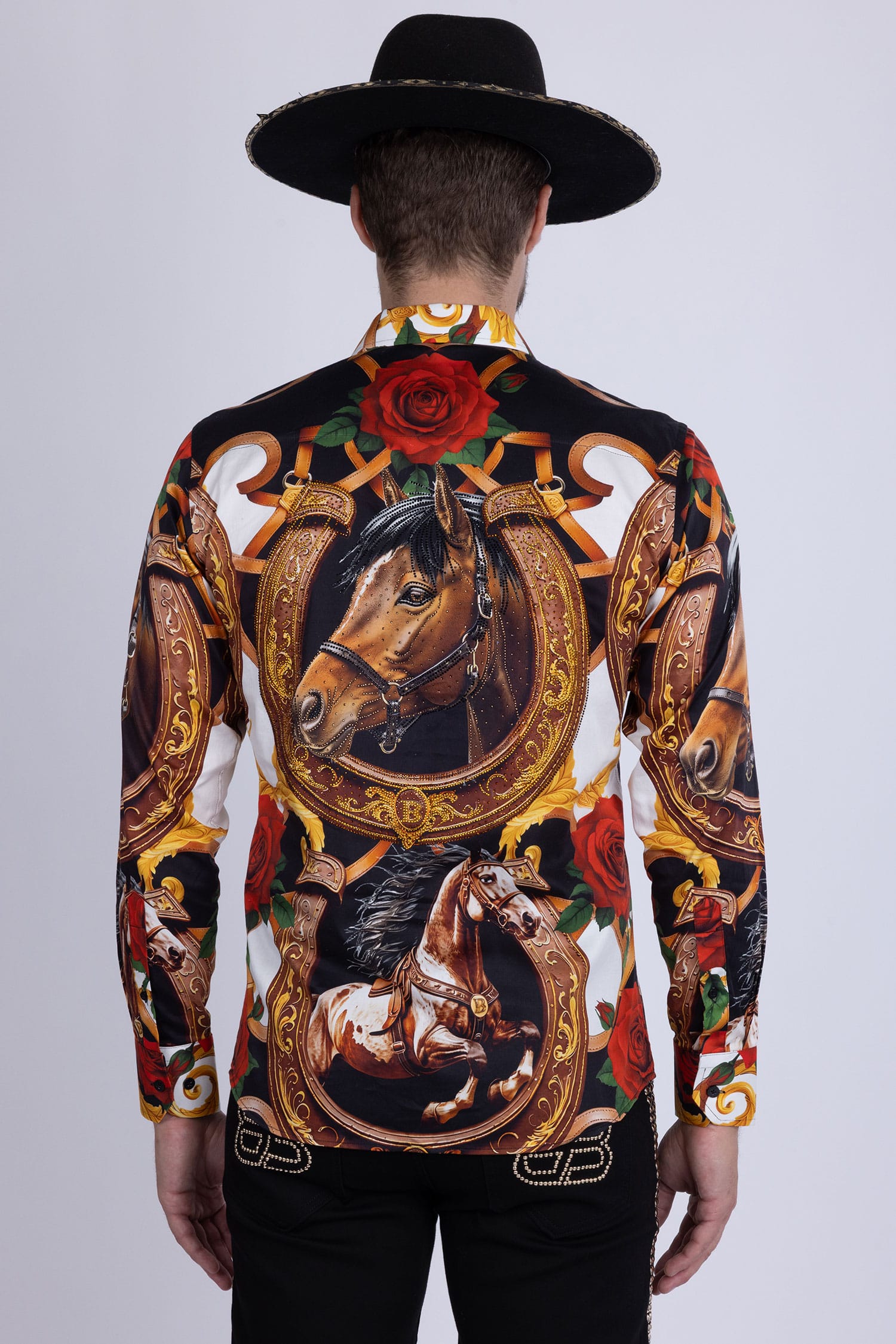 Barabas Men's Stallion Rhinestones Stretch Long Sleeve Shirts 5SPR05 Brown
