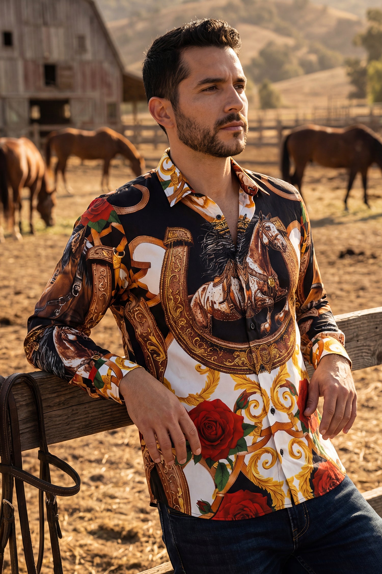 Barabas Men's Stallion Rhinestones Stretch Long Sleeve Shirts 5SPR05 Multi