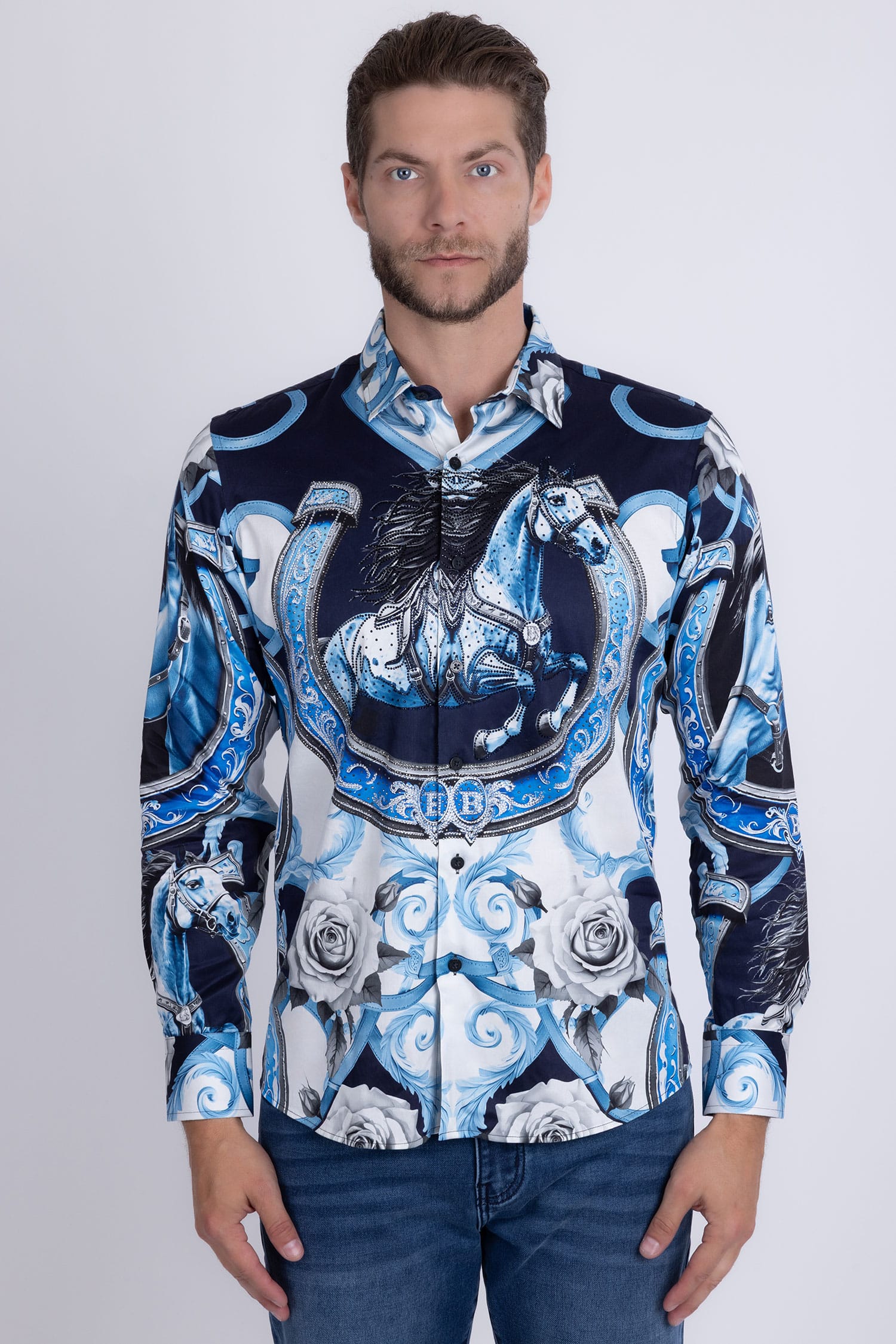 Barabas Men's Stallion Rhinestones Stretch Long Sleeve Shirts 5SPR05 Sky