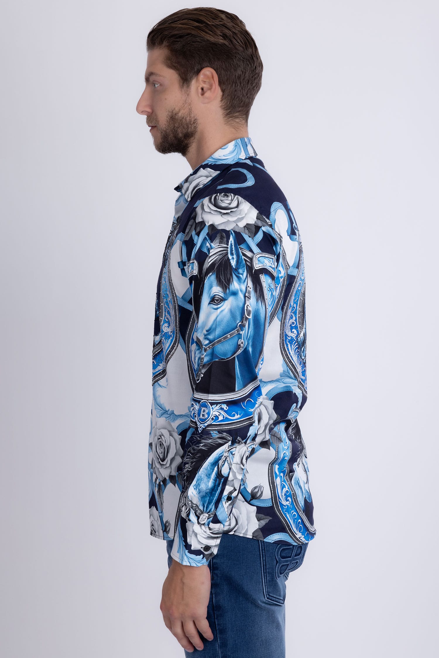 Barabas Men's Stallion Rhinestones Stretch Long Sleeve Shirts 5SPR05 Sky