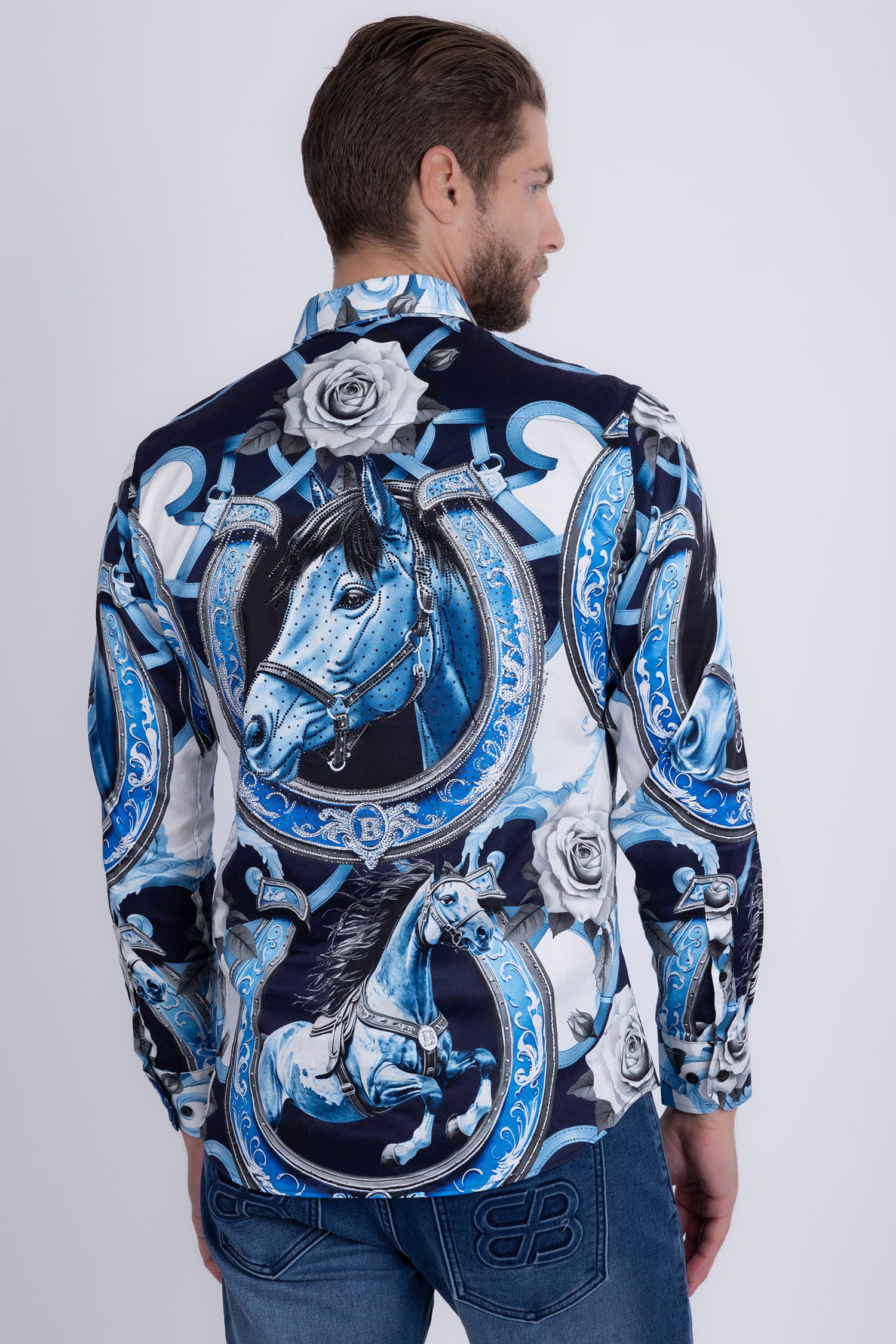 Barabas Men's Stallion Rhinestones Stretch Long Sleeve Shirts 5SPR05 Blue