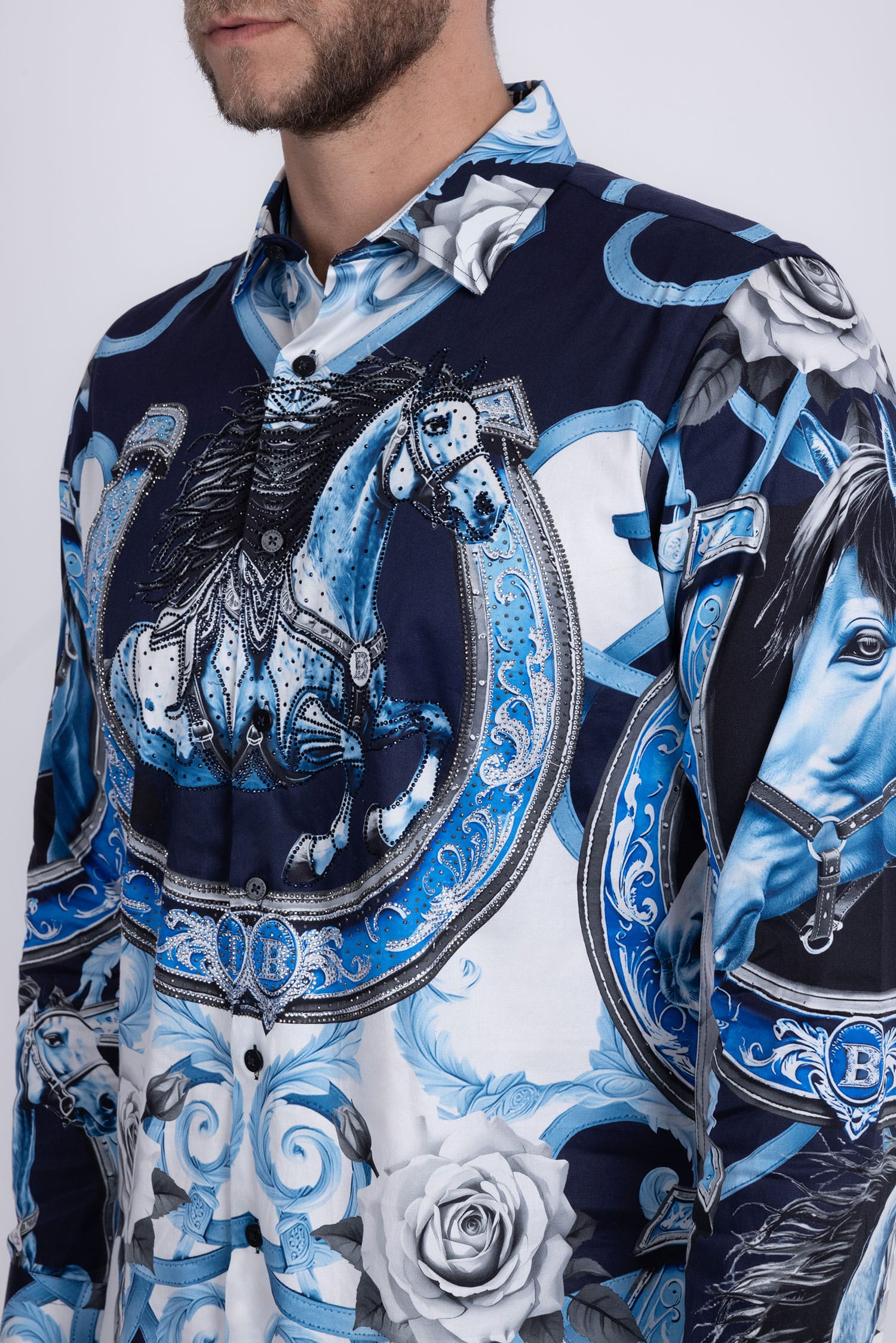 Barabas Men's Stallion Rhinestones Stretch Long Sleeve Shirts 5SPR05 Blue