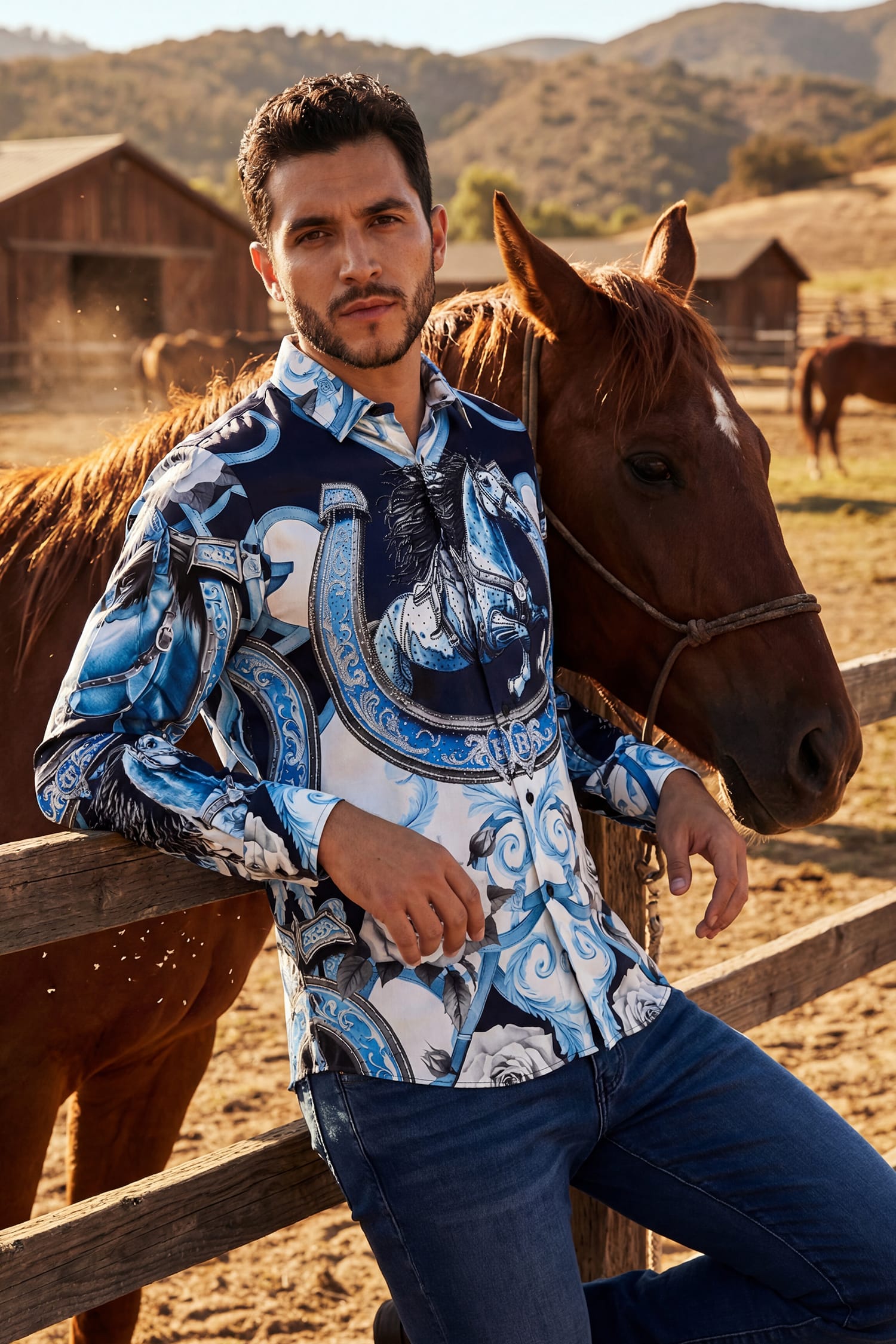 Barabas Men's Stallion Rhinestones Stretch Long Sleeve Shirts 5SPR05 Sky