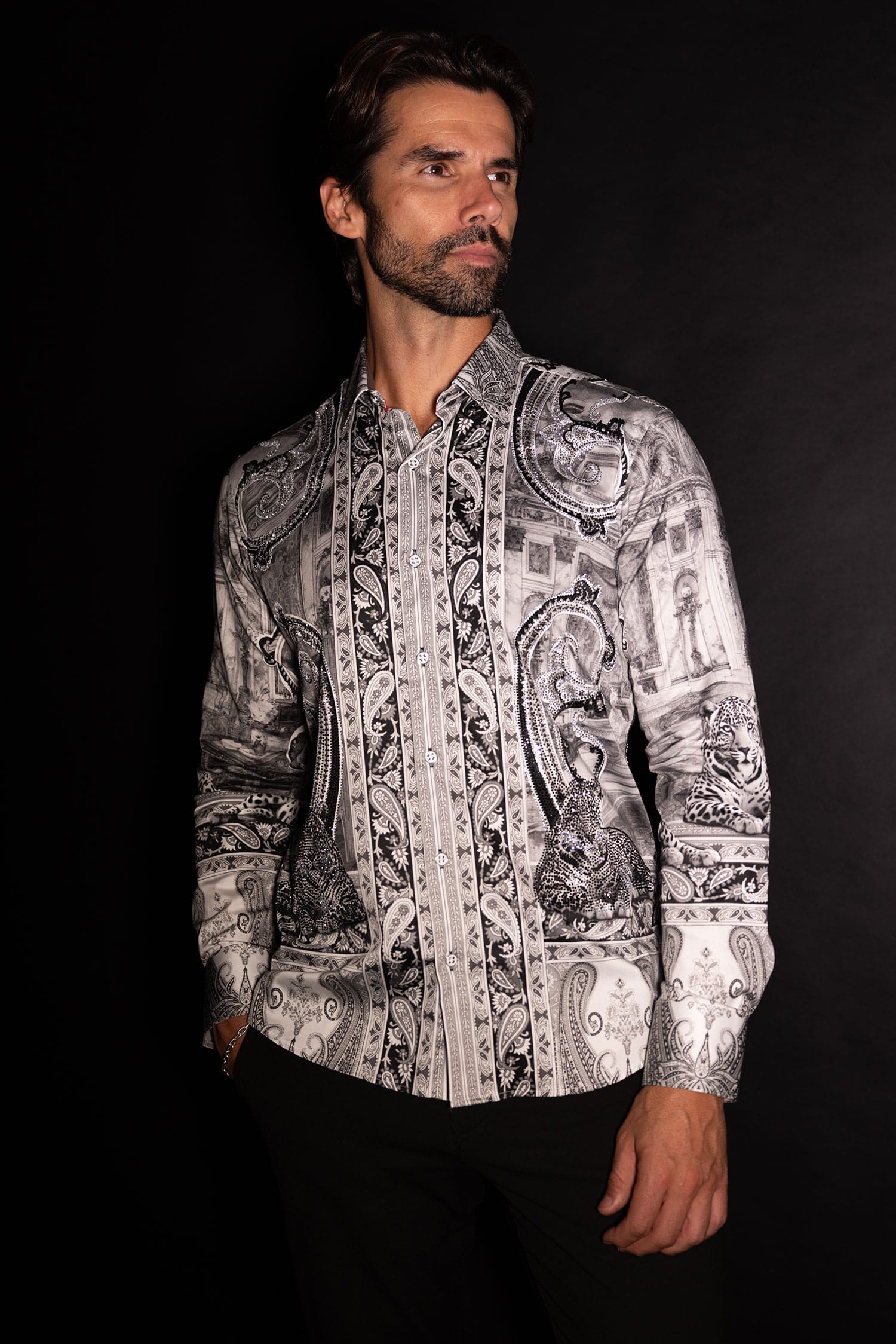 Barabas Men's Rhinestones Paisley Animal Long Sleeve Shirts 5SPR07 White