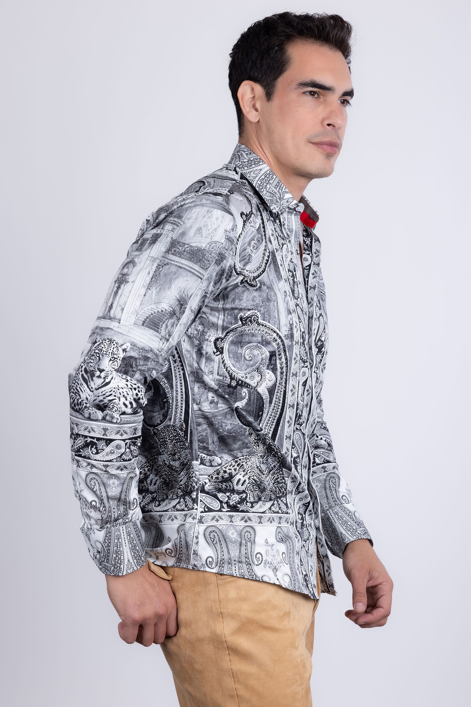 Barabas Men's Rhinestones Paisley Animal Long Sleeve Shirts 5SPR07 Silver