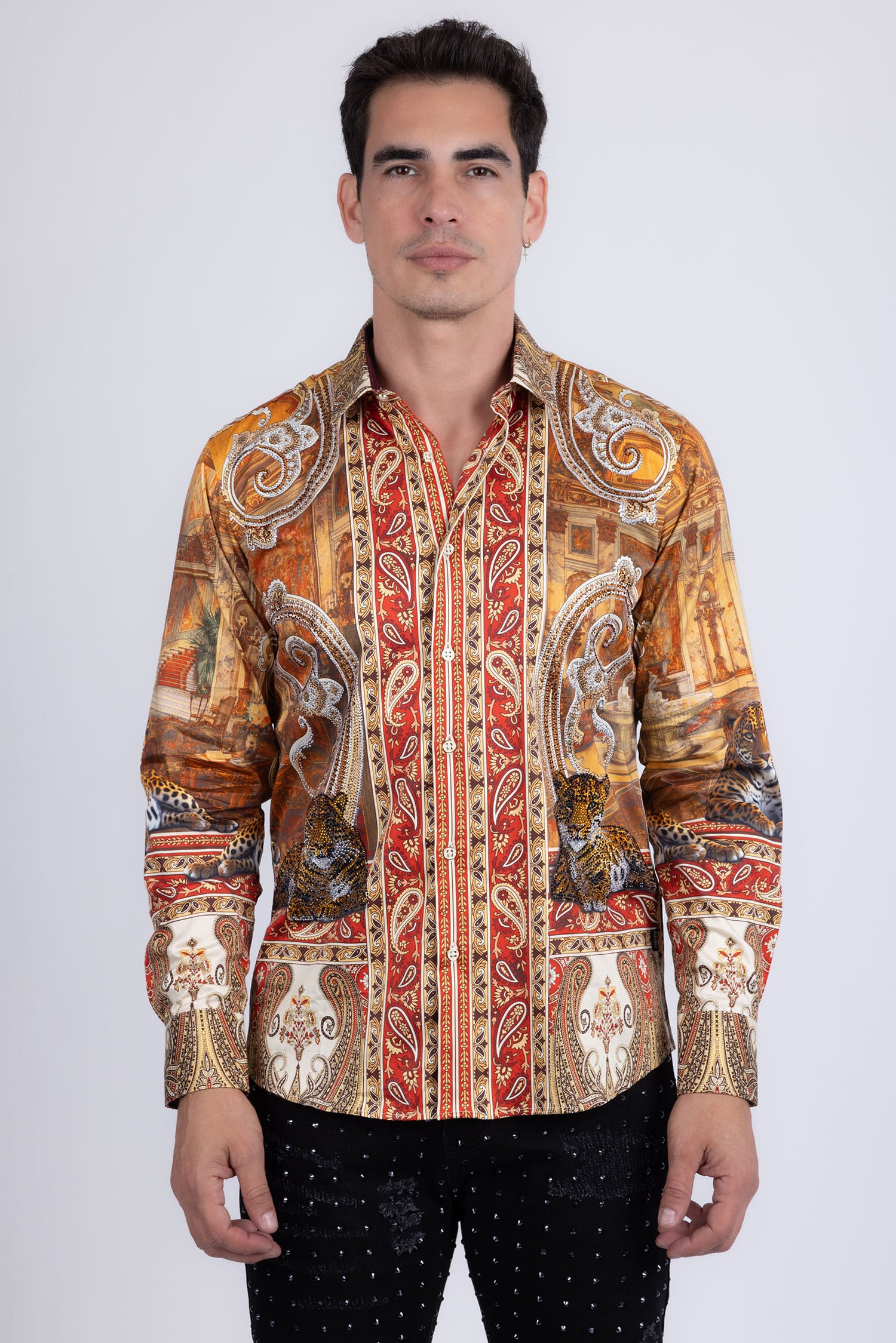 Barabas Men's Rhinestones Paisley Animal Long Sleeve Shirts 5SPR07 Taupe