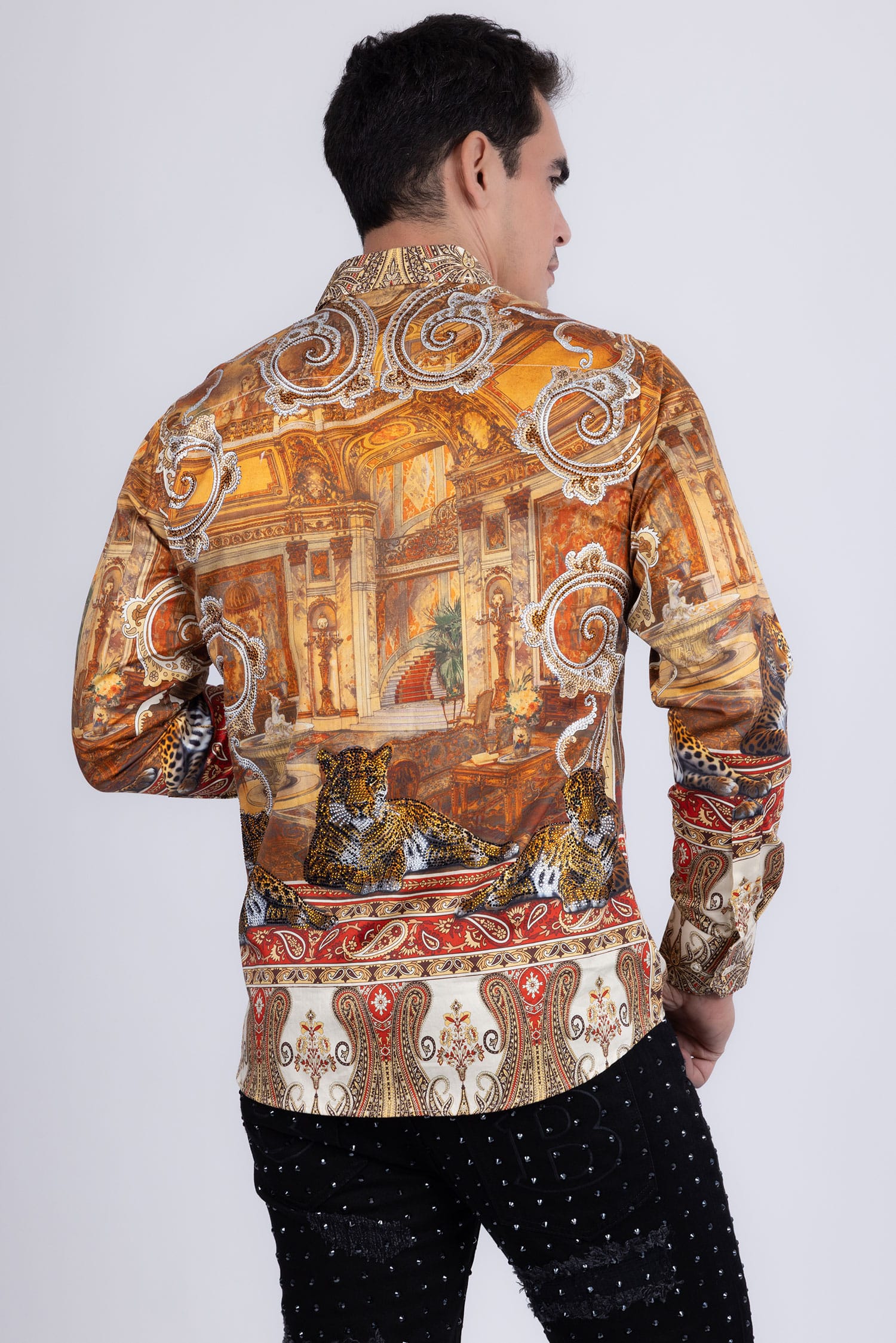 Barabas Men's Rhinestones Paisley Animal Long Sleeve Shirts 5SPR07 Taupe