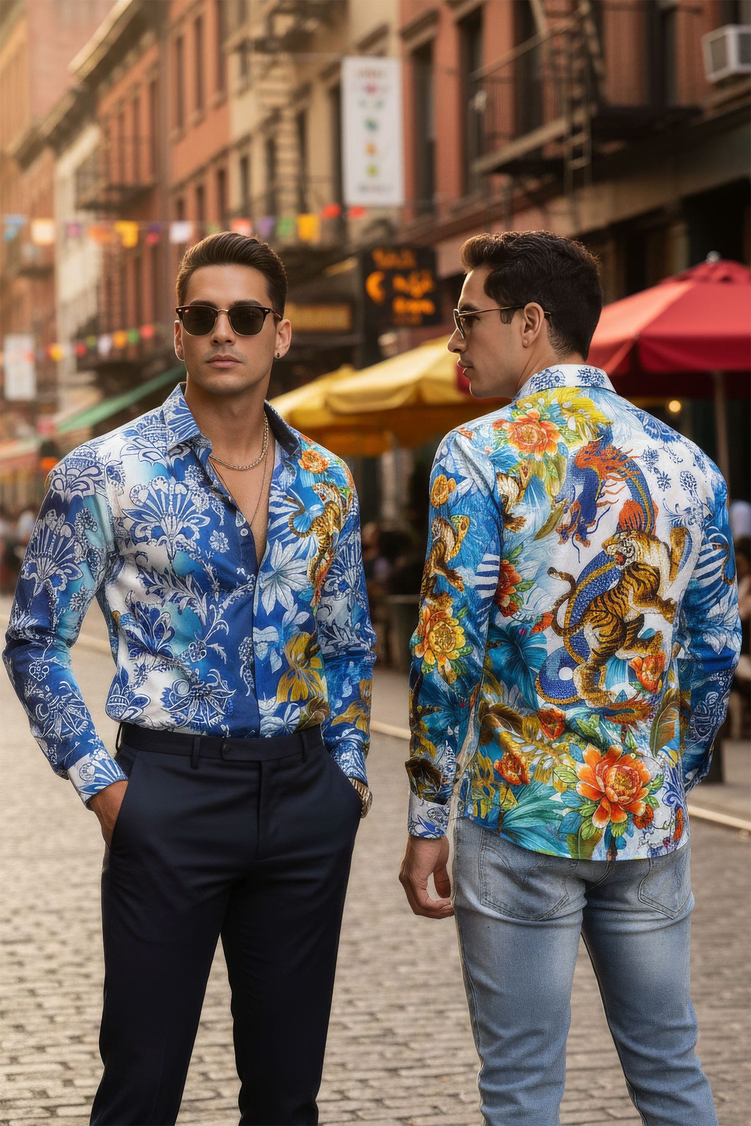 Barabas Men's Rhinestones Floral Dragon Tiger Long Sleeve Shirt 5SPR08