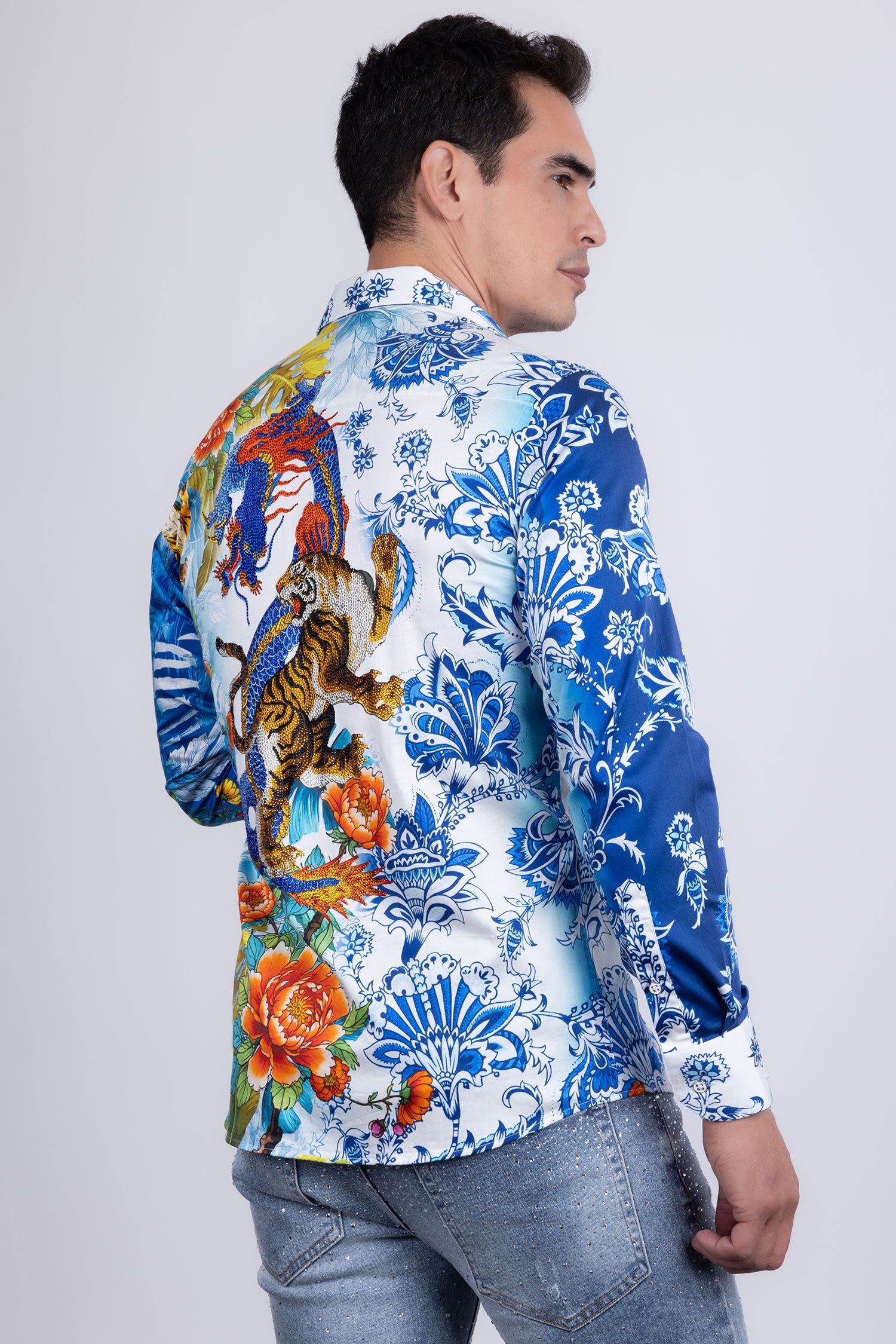 Barabas Men's Rhinestones Floral Dragon Tiger Long Sleeve Shirt 5SPR08 Multi