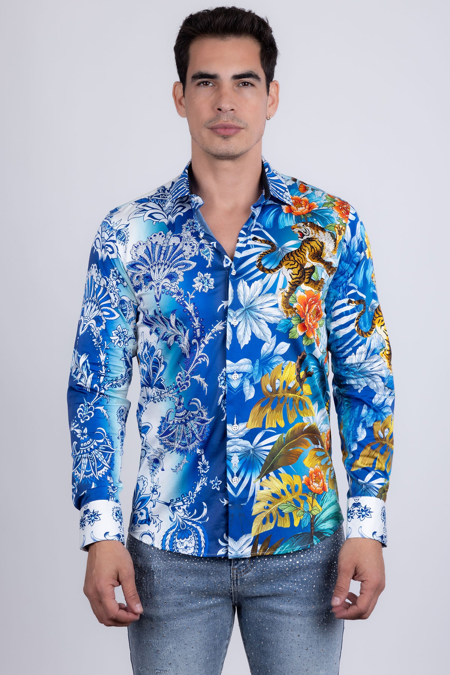 Barabas Men's Rhinestones Floral Dragon Tiger Long Sleeve Shirt 5SPR08 Multi