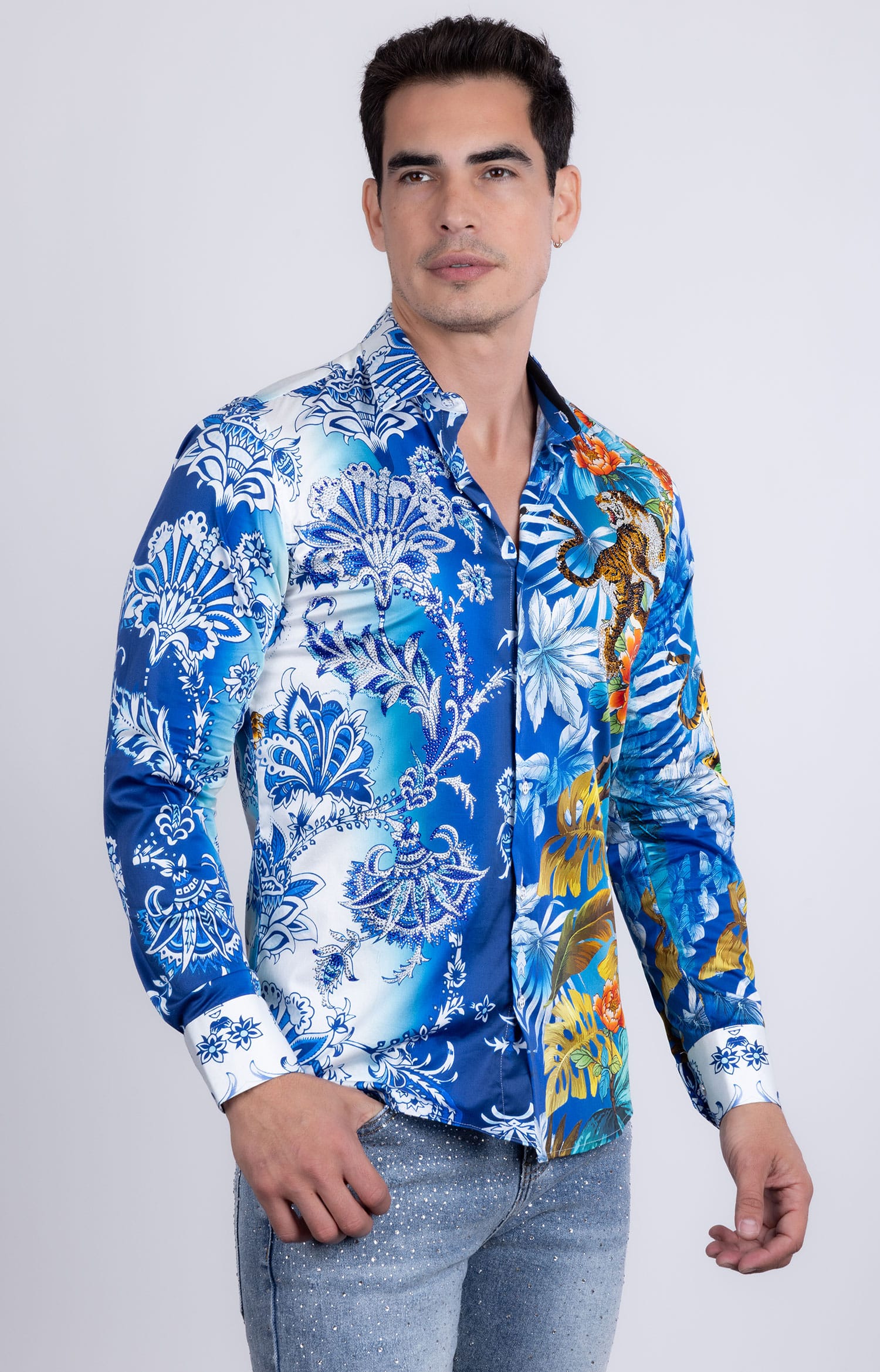 Barabas Men's Rhinestones Floral Dragon Tiger Long Sleeve Shirt 5SPR08 Multi