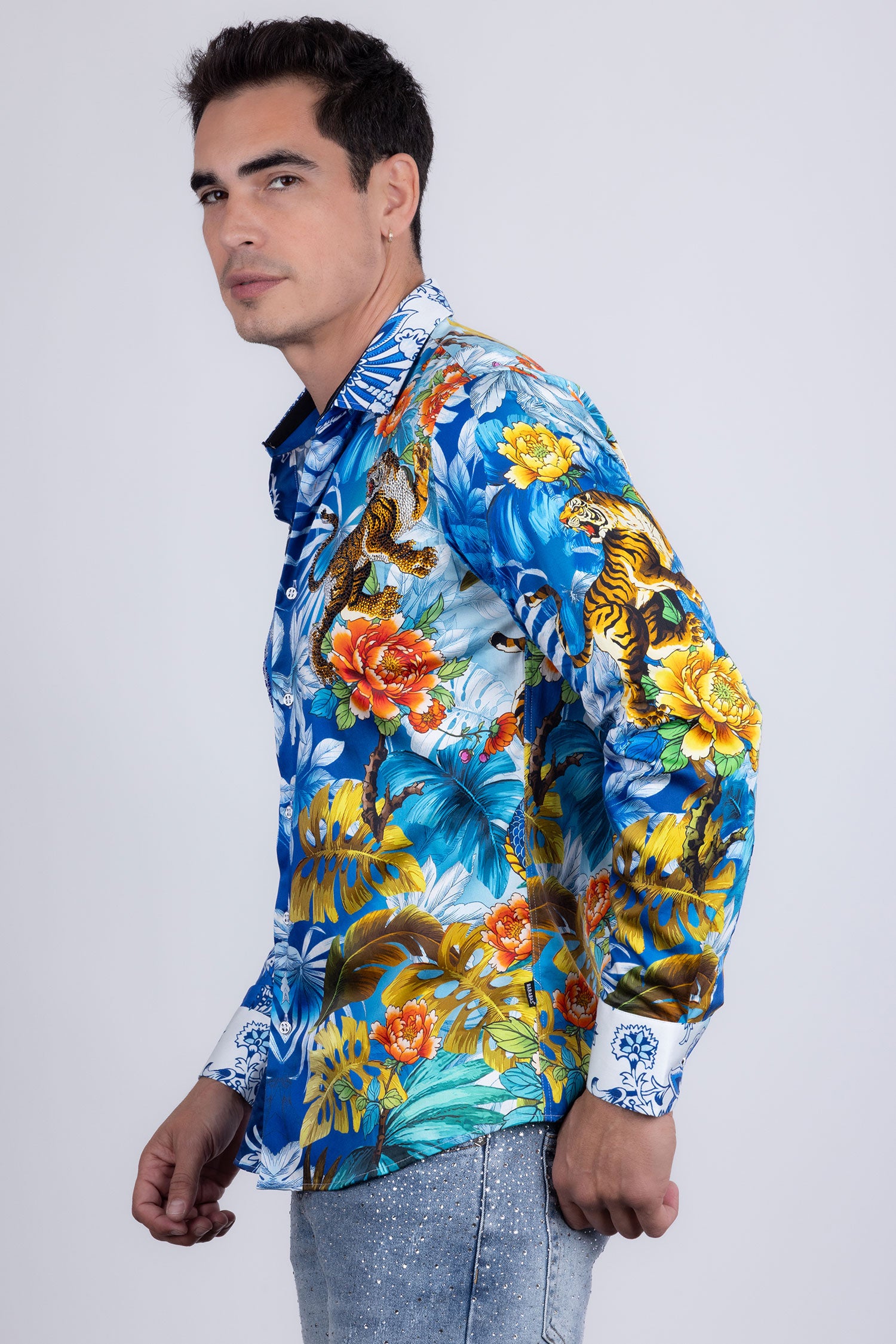 Barabas Men's Rhinestones Floral Dragon Tiger Long Sleeve Shirt 5SPR08 Multi