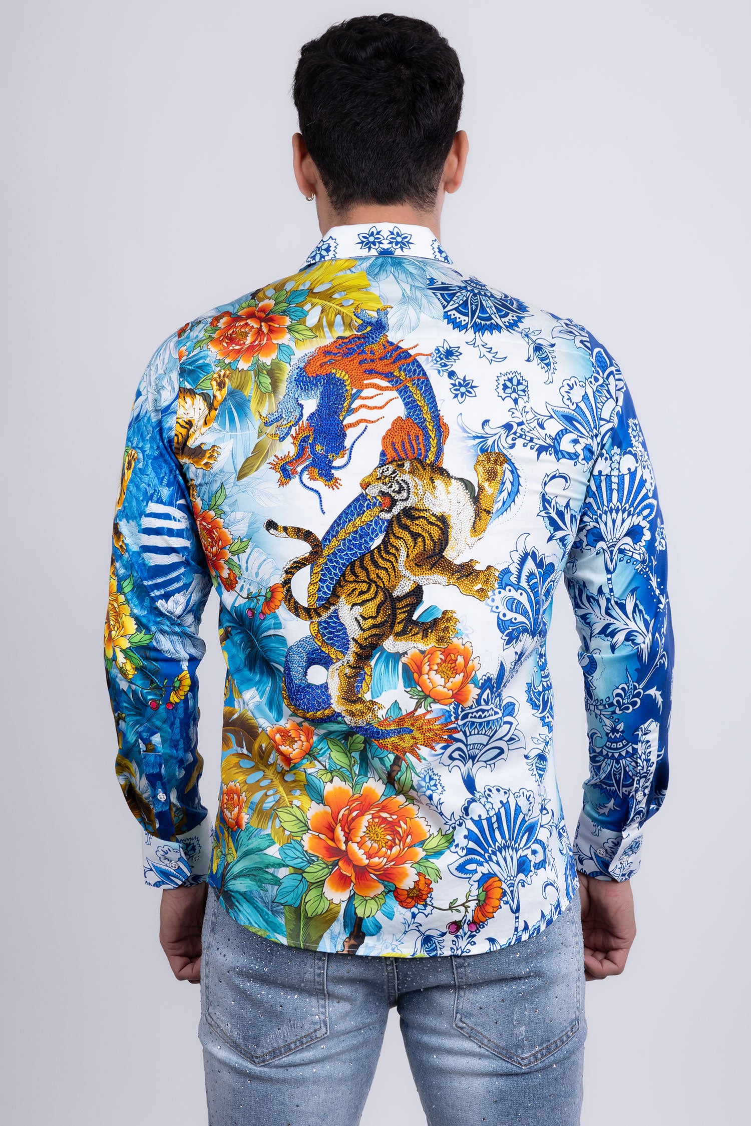 Barabas Men's Rhinestones Floral Dragon Tiger Long Sleeve Shirt 5SPR08 Multi