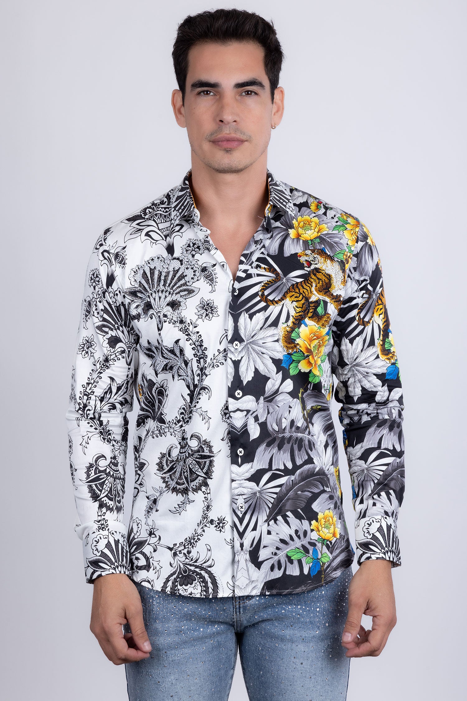 Barabas Men's Rhinestones Floral Dragon Tiger Long Sleeve Shirt 5SPR08 White