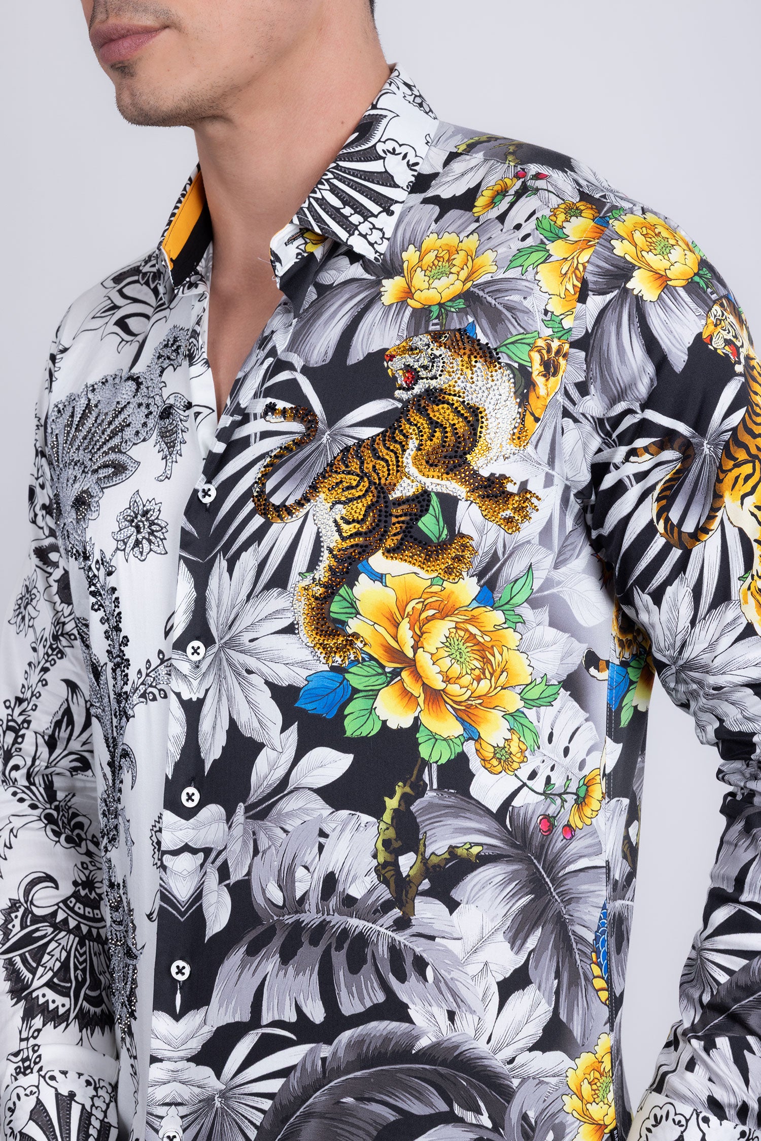 Barabas Men's Rhinestones Floral Dragon Tiger Long Sleeve Shirt 5SPR08 Black