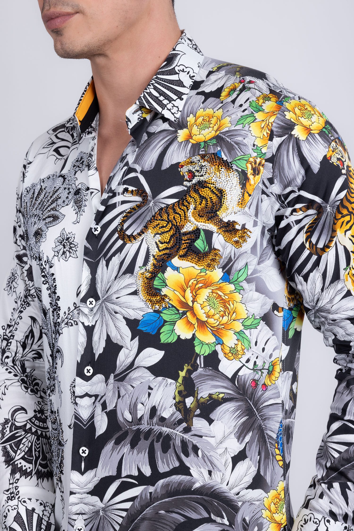 Barabas Men's Rhinestones Floral Dragon Tiger Long Sleeve Shirt 5SPR08 Black