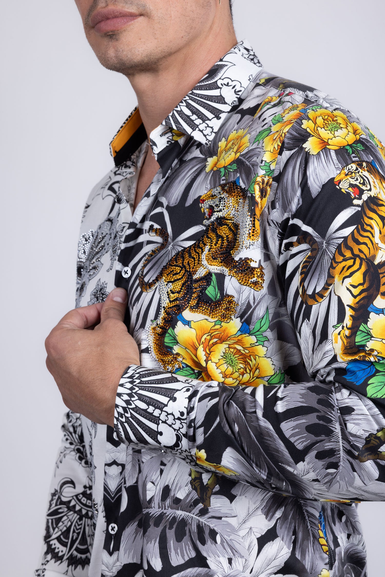 Barabas Men's Rhinestones Floral Dragon Tiger Long Sleeve Shirt 5SPR08 Yellow