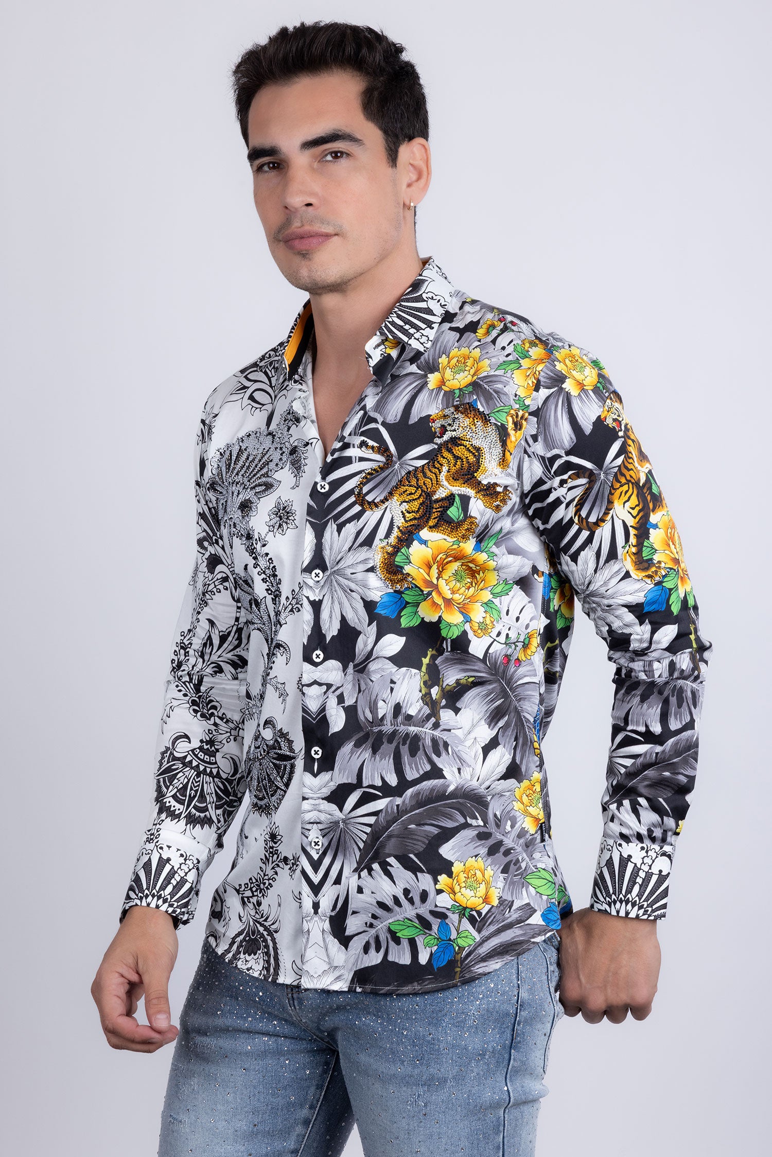 Barabas Men's Rhinestones Floral Dragon Tiger Long Sleeve Shirt 5SPR08 White