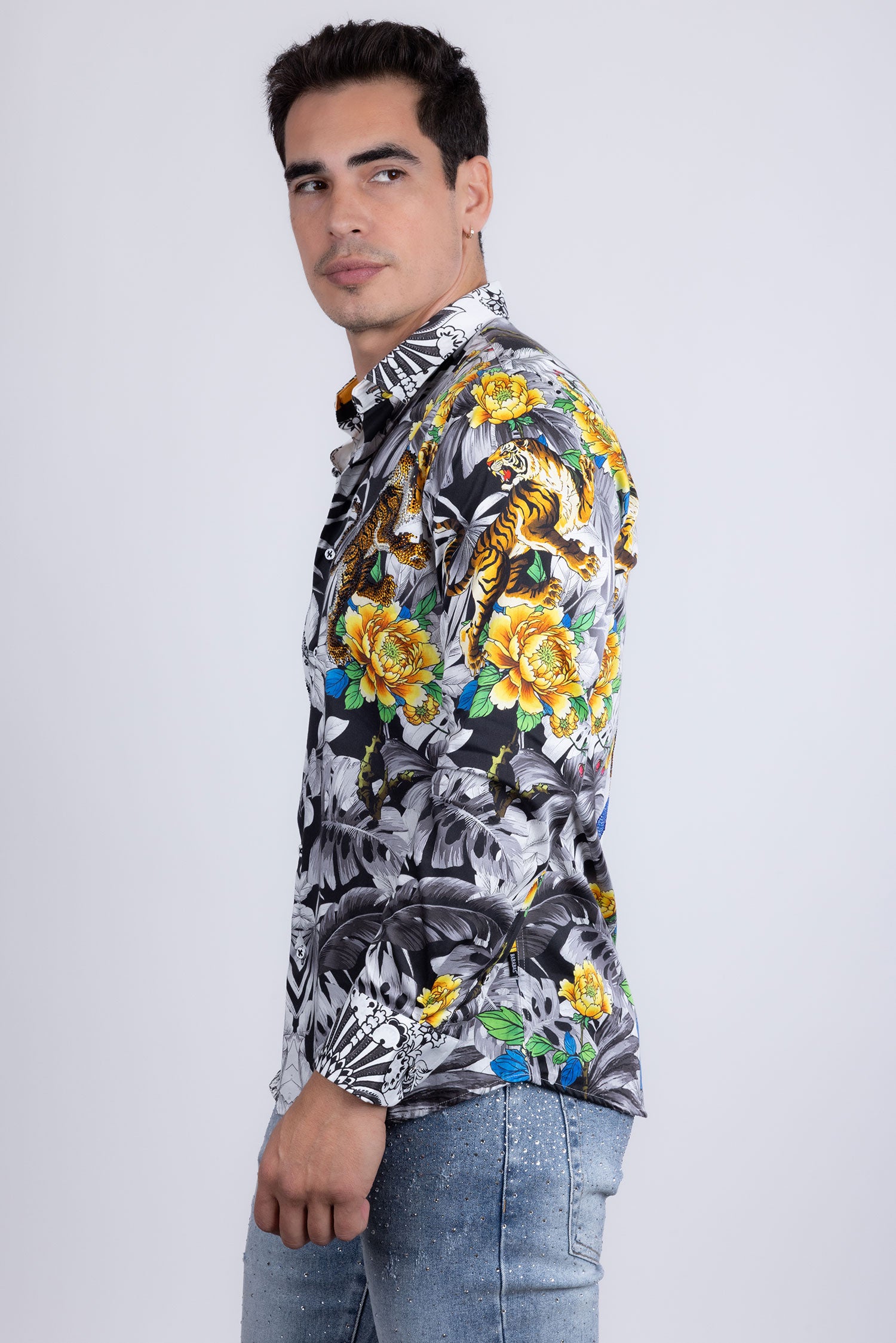 Barabas Men's Rhinestones Floral Dragon Tiger Long Sleeve Shirt 5SPR08 White