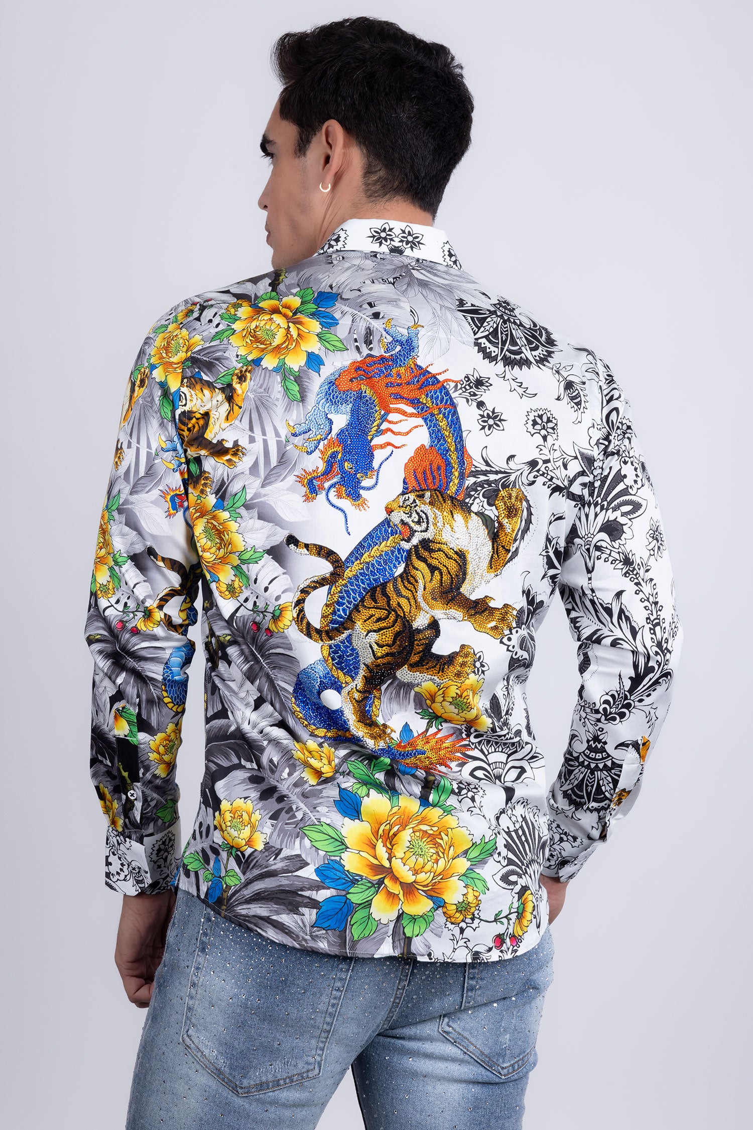 Barabas Men's Rhinestones Floral Dragon Tiger Long Sleeve Shirt 5SPR08 White
