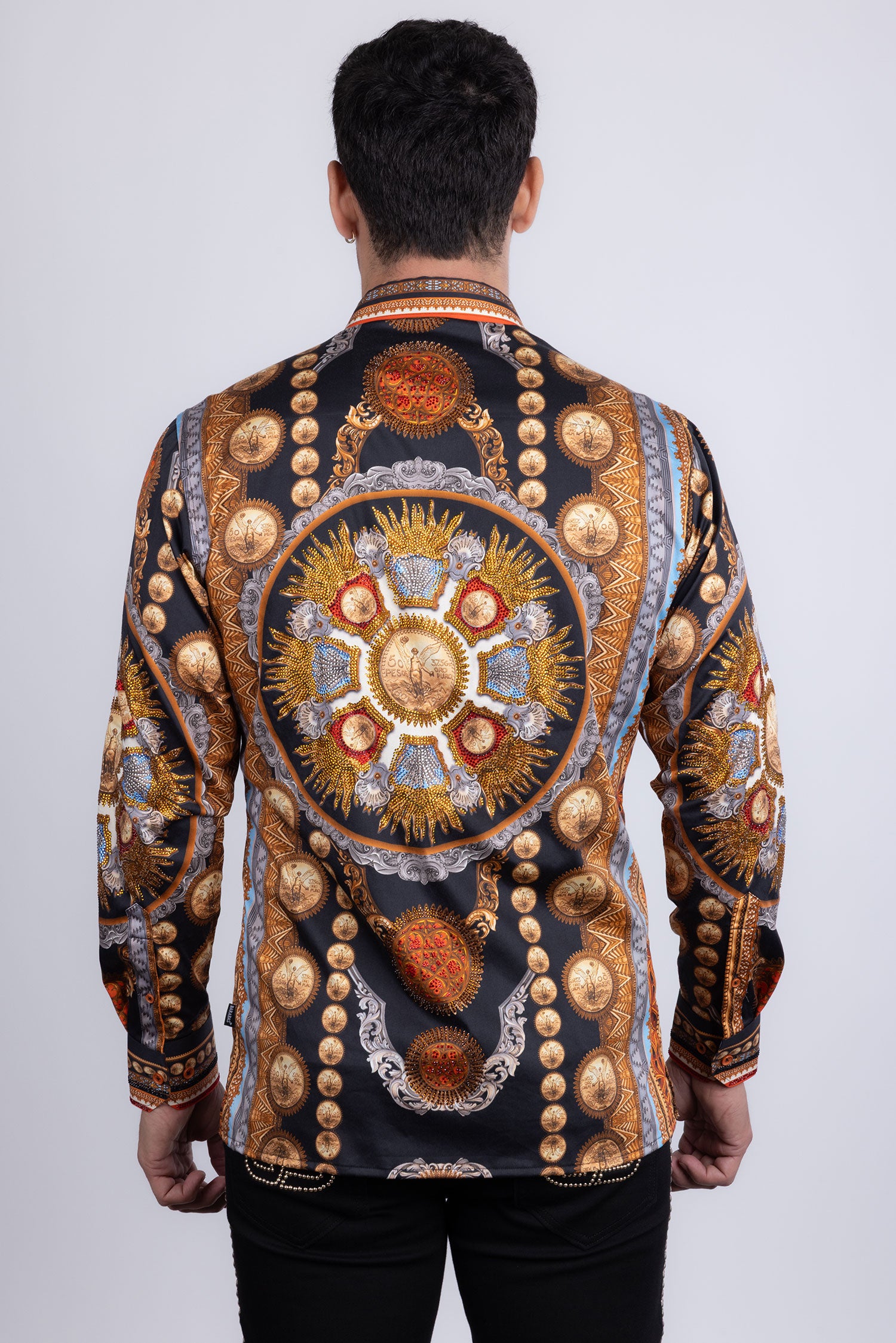 Barabas Men's Rhinestones Floral 50 Pesos Long Sleeve Shirts 5SPR09 Black