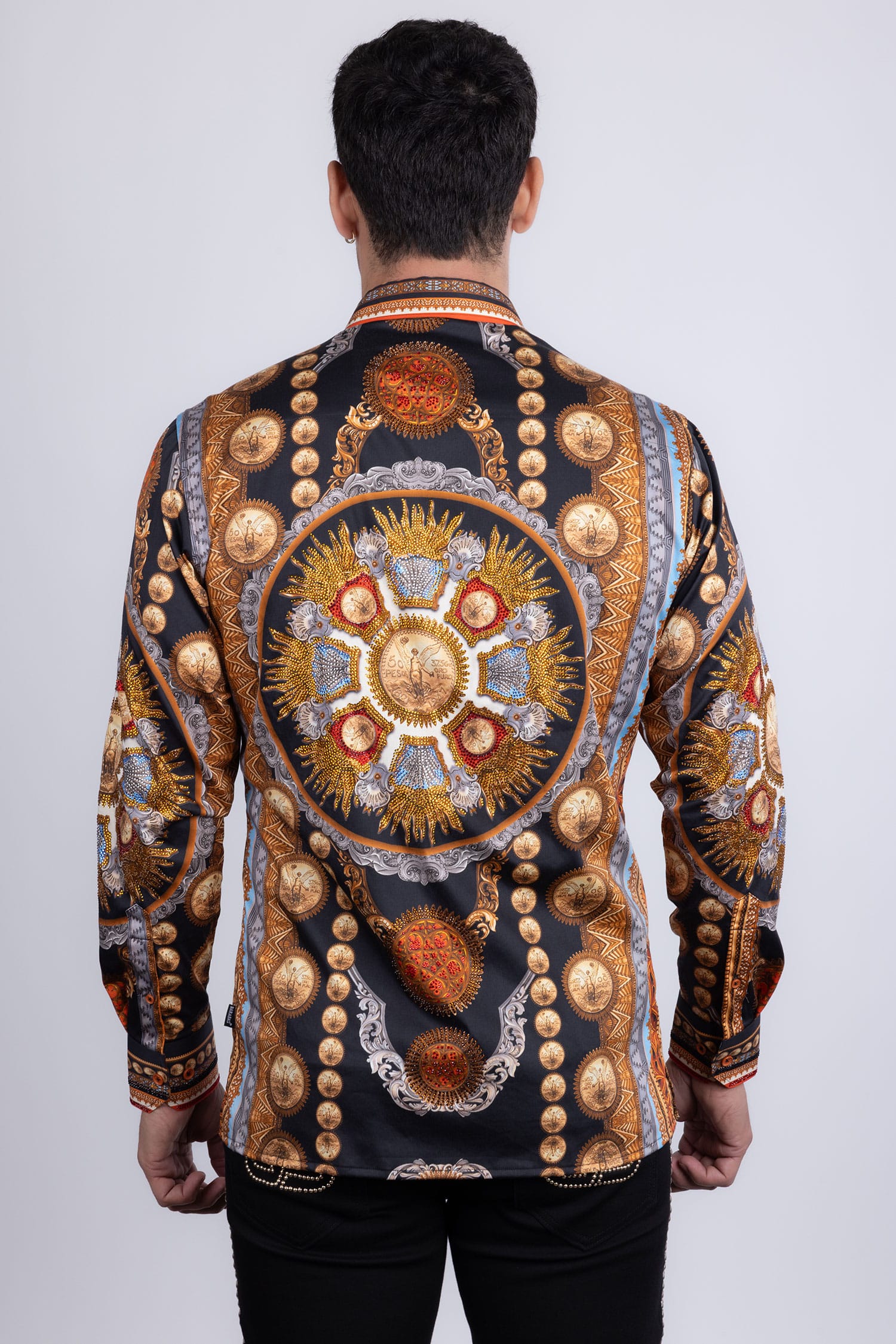 Barabas Men's Rhinestones Floral 50 Pesos Long Sleeve Shirts 5SPR09 Black